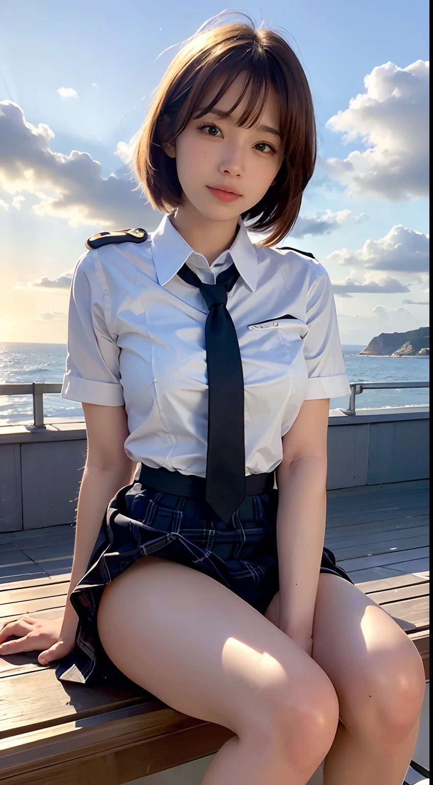 (Best quality, High resolution, Masterpiece :1.3), A pretty woman, ふっくらした大きな胸, くびれたウエスト,
Against the backdrop of an red-tinted sunset sky with clouds and the sun sinking into the sea, there is a beautiful high school girl in a school uniform sitting. Her hair is light brown, and it’s in a medium bob style. She’s wearing a white blouse and pleated skirt as part of her uniform. She’s sitting with her legs apart, and her gaze is directed towards the camera. Please create this scene from a low-angle shot.
