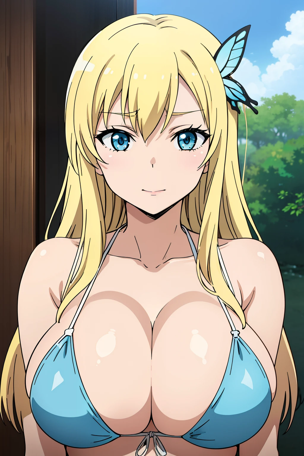 Seina Kashiwazaki, 1girl in, a blond, Gentle LCD, butterfly hair ornament, (huge breast), Light blue micro bikini, (upper body:1.5), sand beach