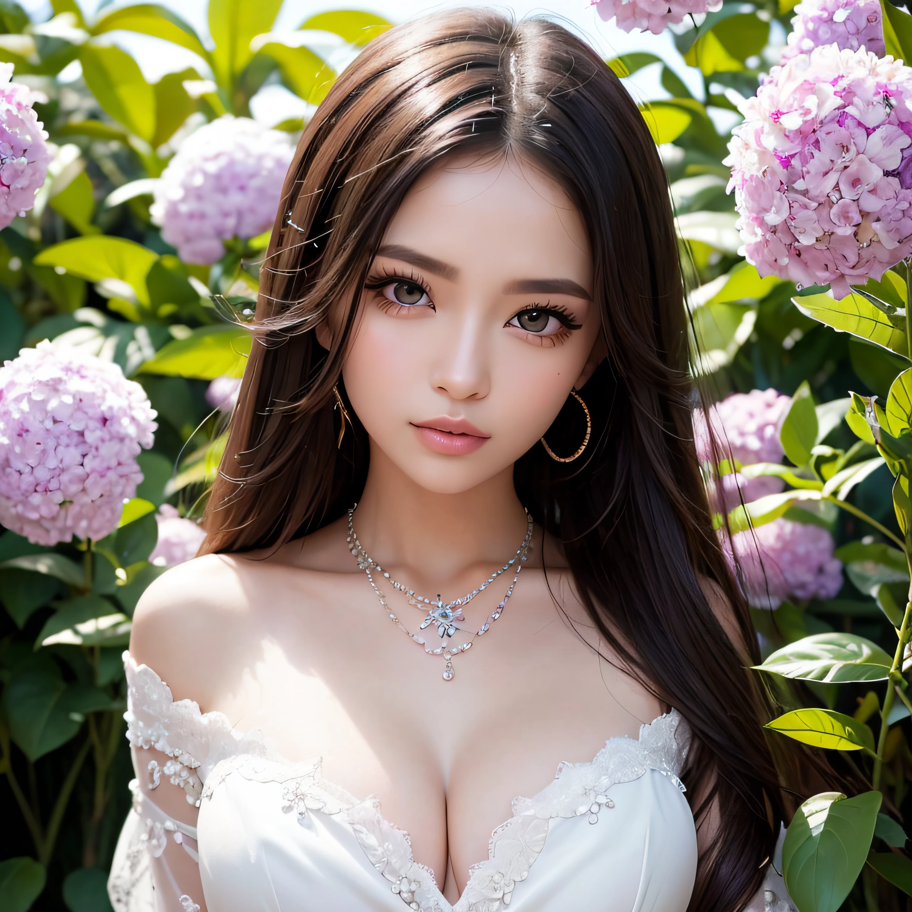 beautiful Girl, hair over shoulder, Clear eyes, smooth hair, Exquisite and perfect facial features, The most beautiful big eyes, long eyelashes, sweet eyes with lying silkworms, sullenness, Dynamic Angle, ultimate picture quality, best precision, Precise and perfect human body, Necklace, Bust, close-up, Outdoors, The background is flowers and plants, longshot,