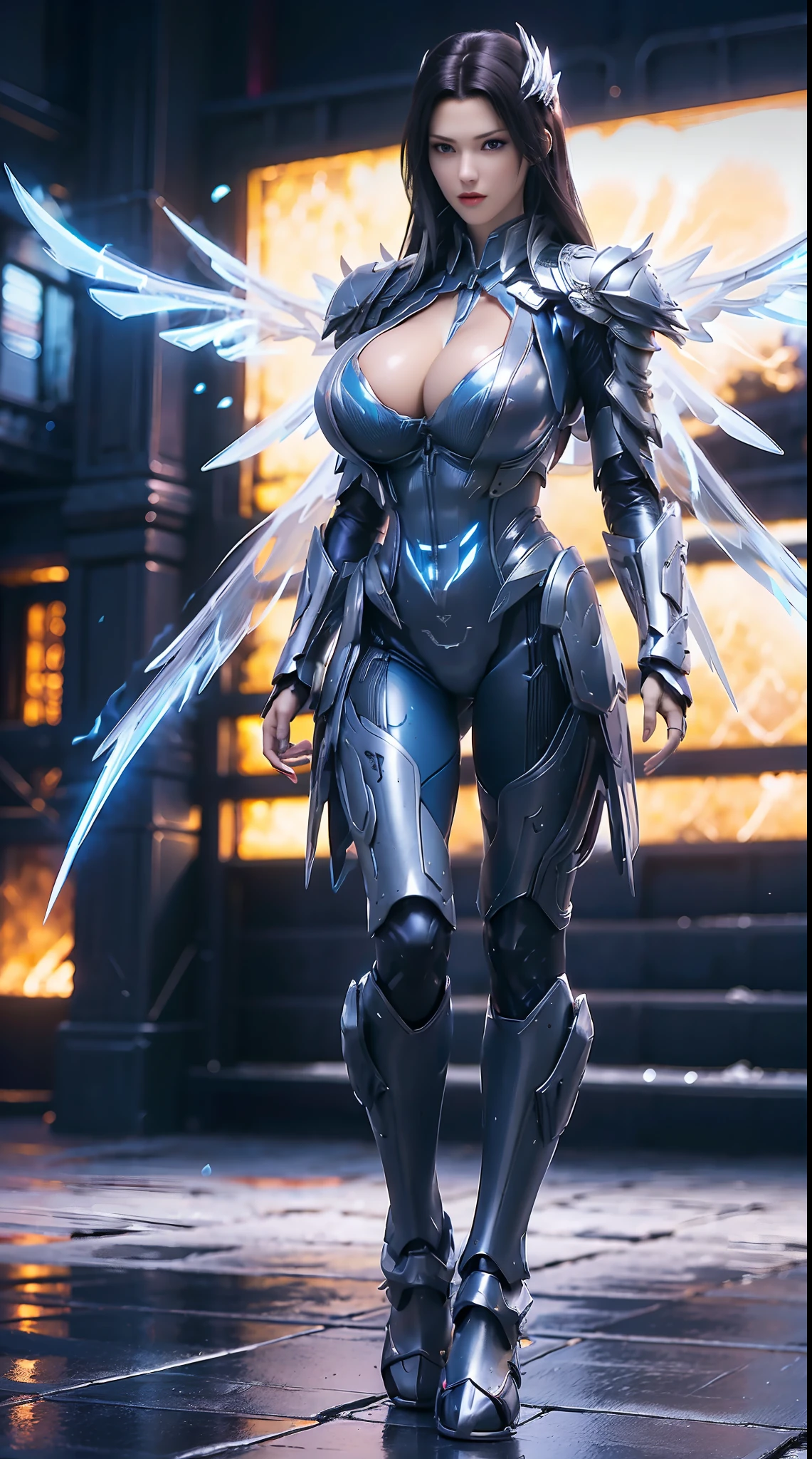 HUGE BOOBS, BLUE LIGHTNING PHOENIX, (BLACK HAIR), MECHA ARMOR FULL SUIT, (CLEAVAGE), (A PAIR LARGEST WINGS), TRANSPARANT, TALL LEGS, STANDING, SEXY BODY, MUSCLE ABS.