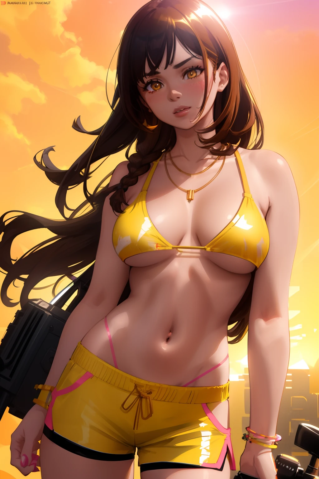 a woman in a white top and pink shorts is standing next to a bike with a yellow background and, by Quentin Tarantino, 1girl, bracelet, brown_hair, jewelry, letterboxed, lips, long_hair, makeup, medium_breasts, midriff, nail_polish, navel, necklace, nose, orange_sky, pink_shorts, realistic, shorts, solo, sun, sunset, tattoo,wristband, yellow_background, yellow_sky, beautiful detailed glow, detailed, Cinematic light, intricate detail, highres, detailed facial features, high detail, sharp focus, smooth, aesthetic, extremely detailed, stamp, octane render,