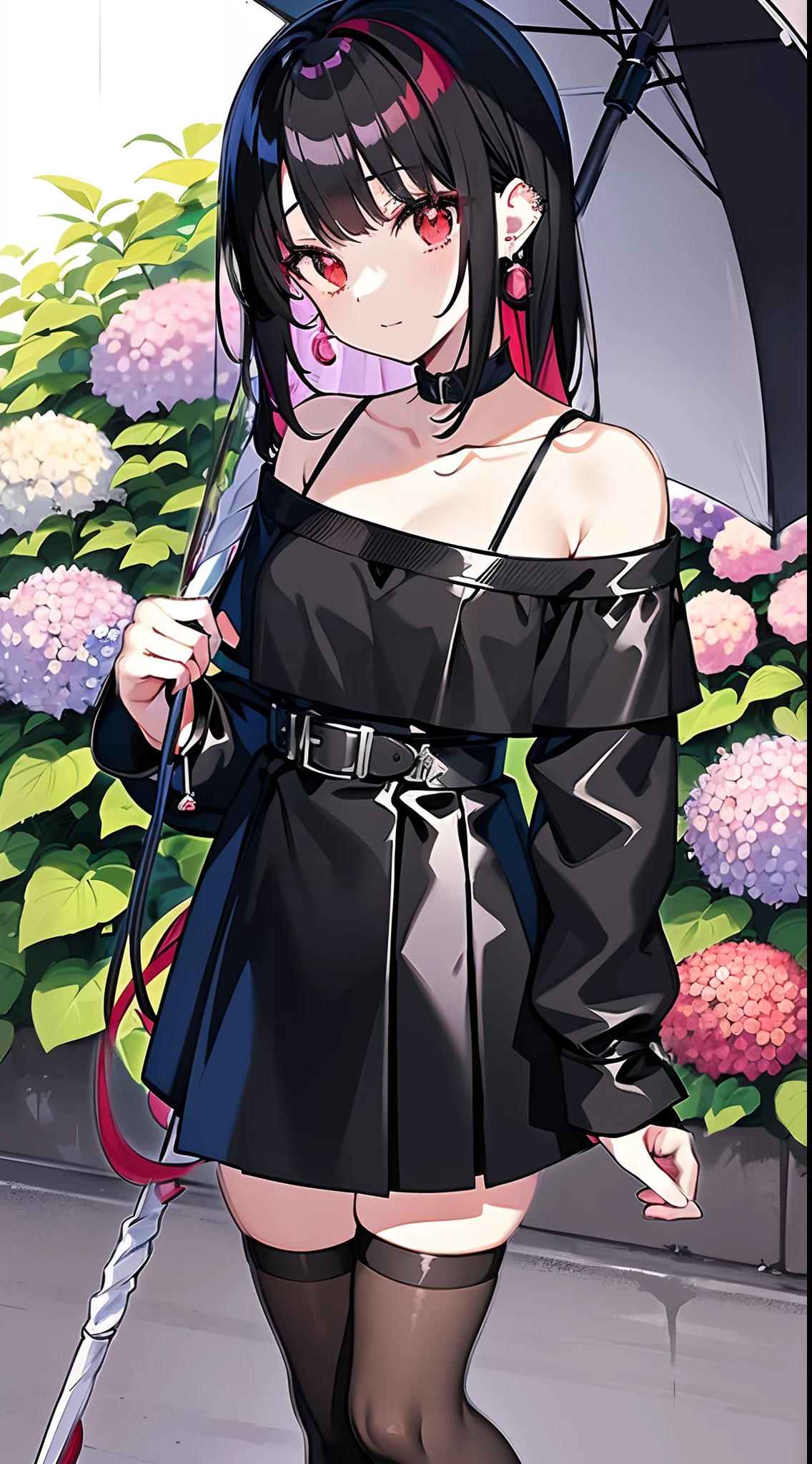 Anime style girl, 1 girl, Solo, Red Eyes, Black hair, ((Twin-tailed)), Red Hair Ribbon, earrings, Cute clothes, Off-the-shoulder tops, Black miniskirt, Leather shoes, Open to viewers, Rain, Holding an umbrella, Hydrangea background,Hydrangea garden