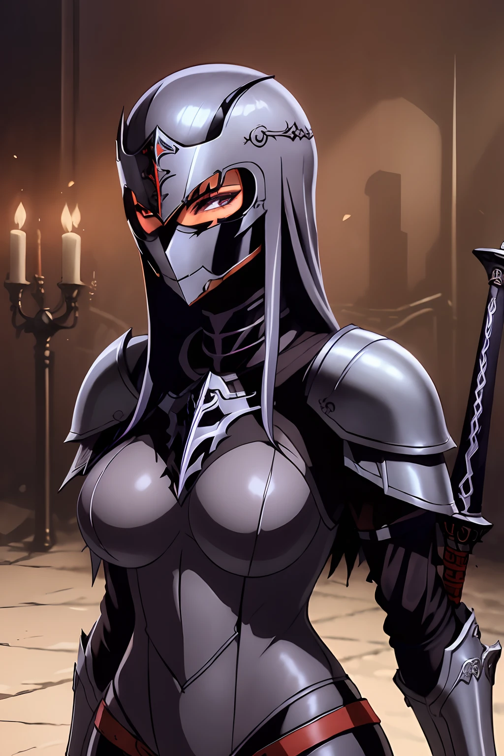 A woman in armor holding a sword in a dark room, Caballero femenino, Caballero de sangre, Armadura oscura, de una hermosa caballero femenina, Armadura negra y roja, Hermosa caballero femenina, Caballero malvado, Armadura negra, Guerrero oscuro, Armadura de color negro y rojizo, gothic knight, Armadura roja sangre, Armadura negra de bordes afilados, Armadura negra de bordes afilados y elegantes, fantasy knight