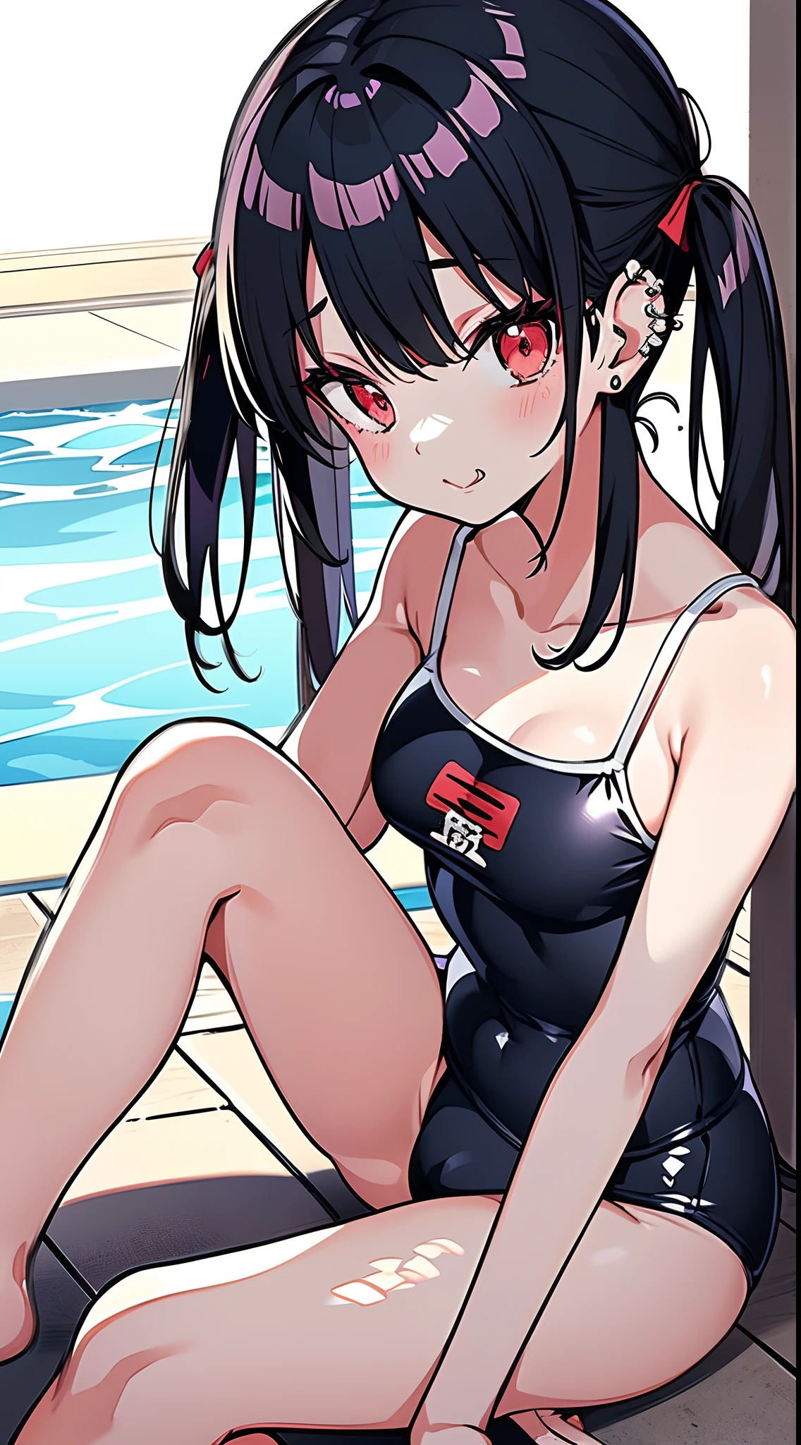 Anime style girl, 1 girl, Solo, Red Eyes, Black hair, Twin-tailed, Hair Ribbon, piercings, japanese school swimsuit,Sitting by the pool