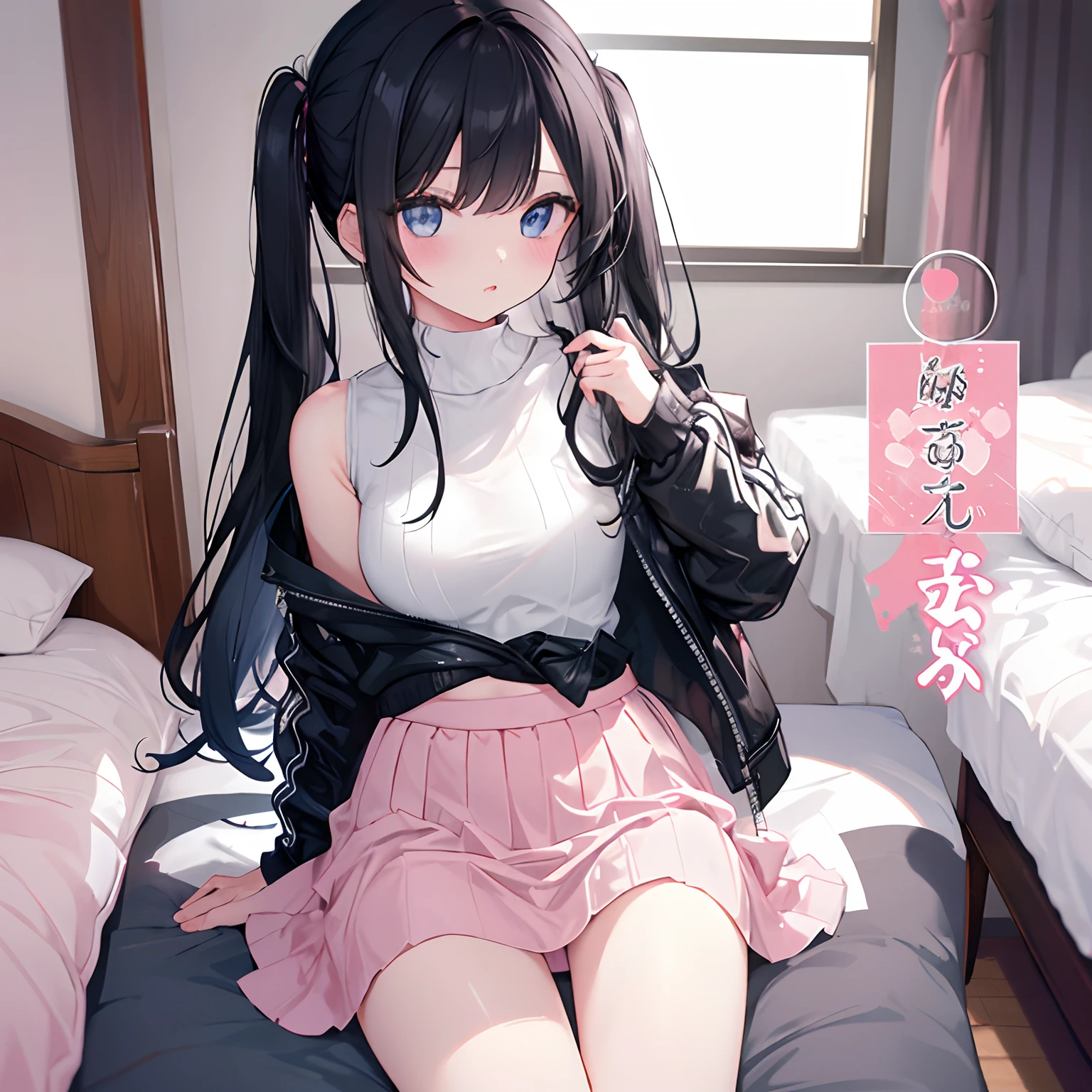 1girl, long black hair, blue eyes, wearing plain white shirt, pink skirt, bedroom, absurdres, high res, ultrasharp, 8K, masterpiece, looking at viewer,leather jacket,