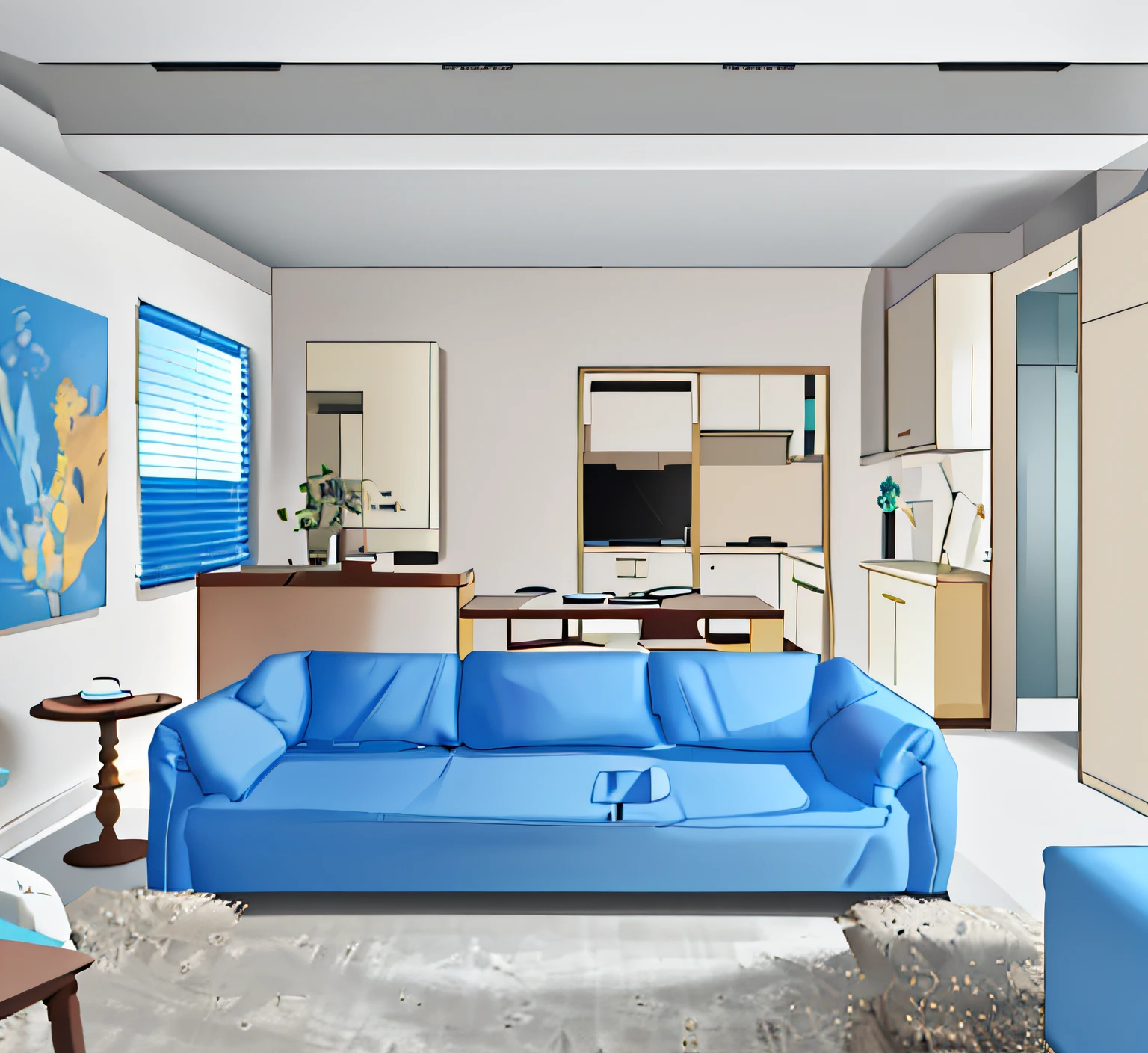 8K,Best quality,Masterpiece,liveroom,A sofa is placed in the middle,Blue sofa,Facing the sofa view,Warm scene