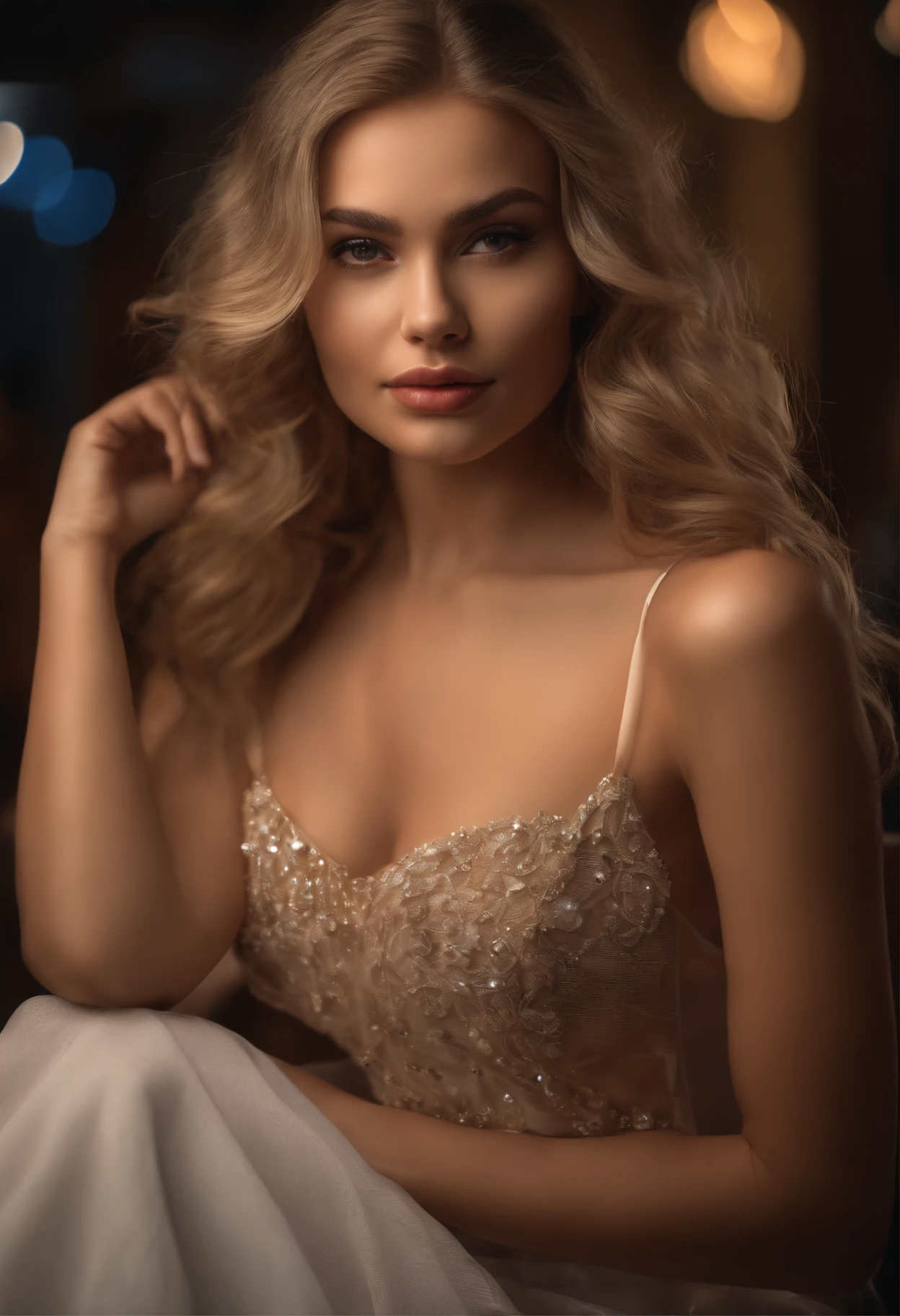 RAW, analog, Nikon Z 85mm,((best quality)), ((masterpiece)), ((realistic)),far fromthe camera image, gorgeous russian woman, blond, 18 year old, posing in a club, wearing lingerie petite, smile with teeth showing, ((medium breasts)), intricate details, highly detailed, sharp focus, professional, 4k, god rays, hand model, stunning brown eyes, petite,strong chin big ramus dnot defined jawline huge strong cheekbones highset cheekbones big eyes. great face projection highres, detailed facial features, high detail, sharp focus, smooth, extremely detailed, photo_\(ultra\), photorealistic, realistic, post-processing, max detail, roughness, real life, ultra realistic, photorealism, 8k uhd, SEMI-SILHOUETTE light, slavic face, long blon hair, beautiful hair, real face face