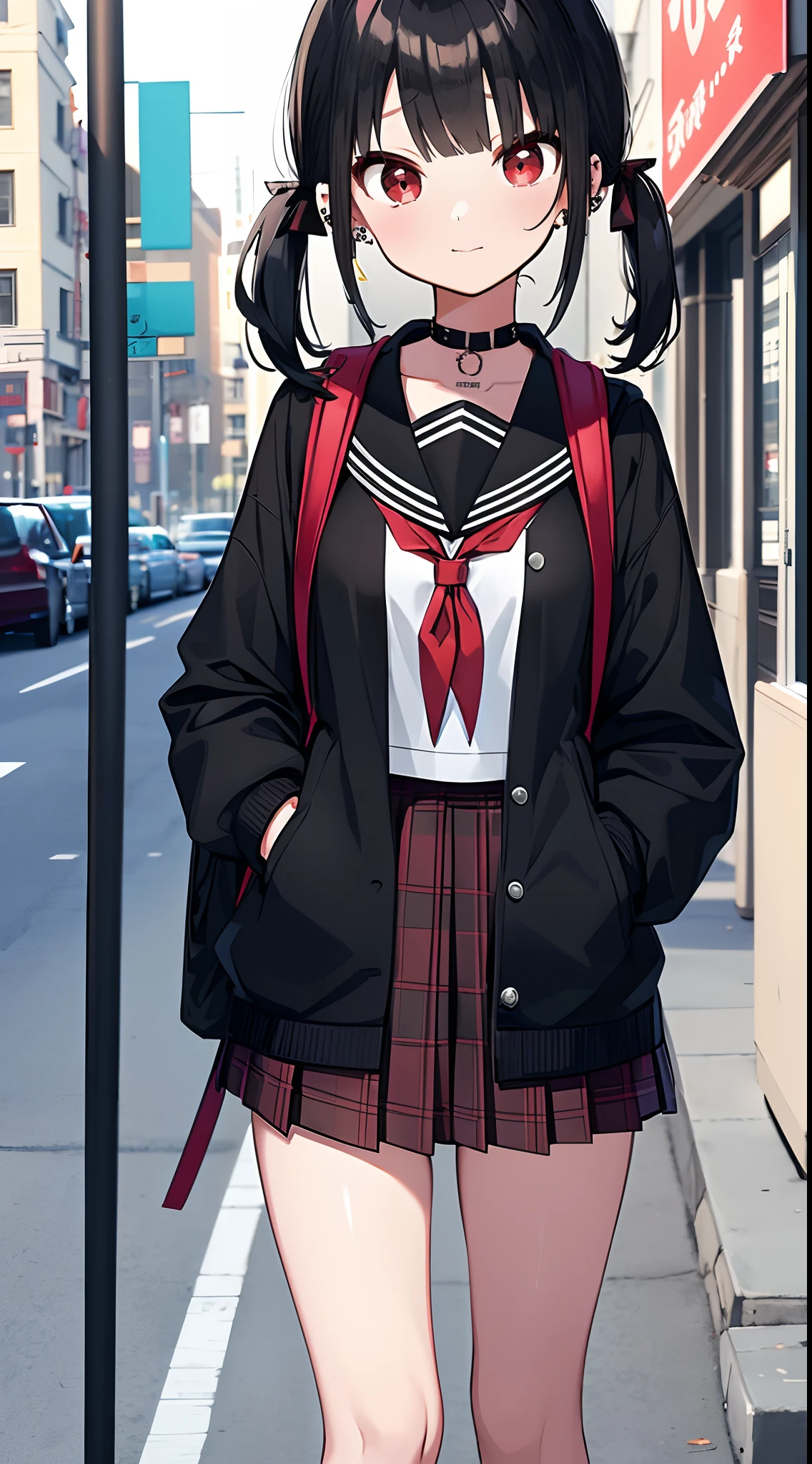 Anime style girl, 1 girl, Solo, Red Eyes, Black hair, Twin-tailed, Hair Ribbon, piercings,sunlights, doress, A city scape, a street, serafuku, plaid skirts, student clothes, rucksack, is standing, Bus stop,Looking at Viewer