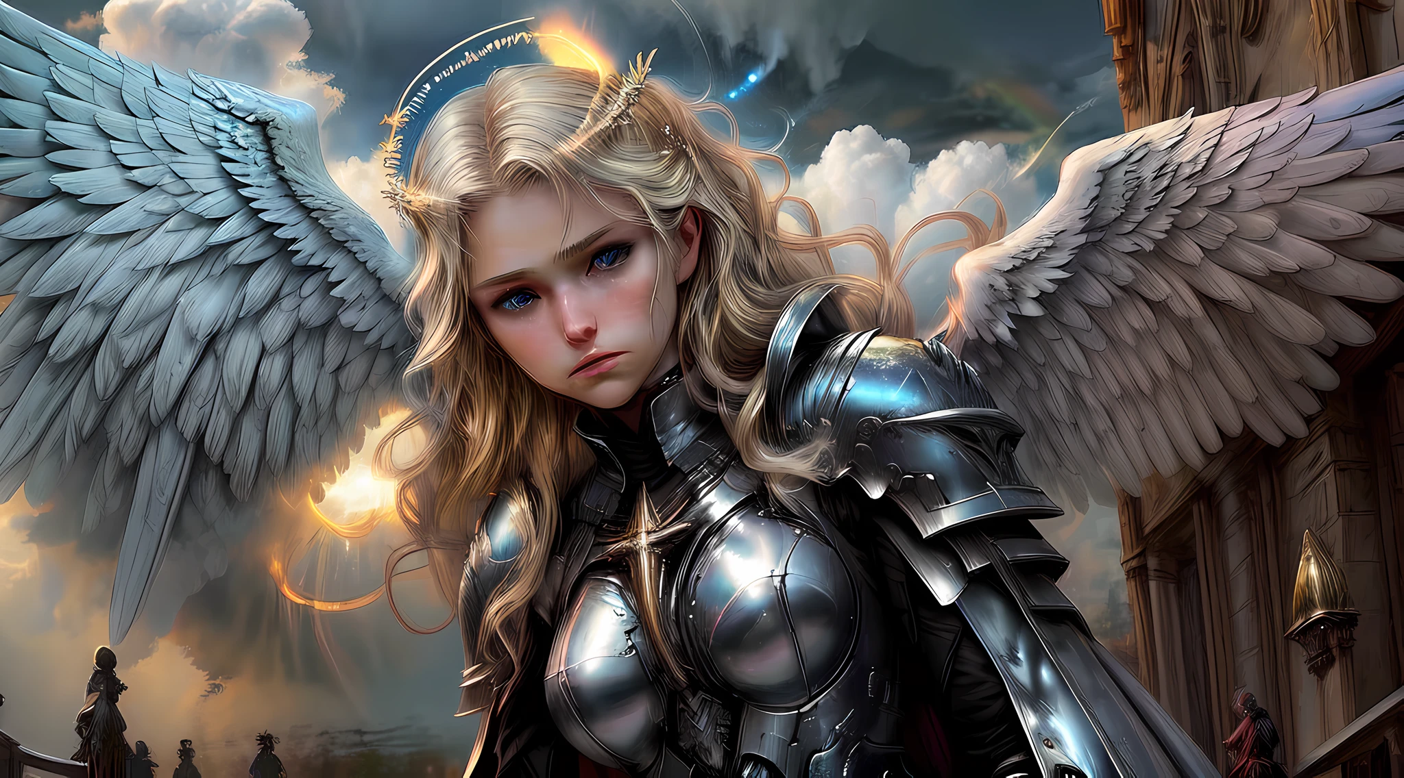 high details, best quality, 16k, [ultra detailed], masterpiece, best quality, dynamic angle, ultra wide shot, RAW, photorealistic, fantasy art, realistic art, a picture of an archangel (flying: 1.1) in a cloudy sky a epic rainbow between the clouds, fantasy art, RPG art, full body, an epic beautiful female archangel flying in the heavens, blond hair, long hair, (wavy hair: 1.2), (blue eyes: 1.2), intense eyes  (best detailed face: 1.3), (ultra feminine: 1.3) spread angelic wings angel_wings, wearing heavy armor, (with glowing divine sigils: 1.2), light clouds in the background, a  n epic (rainbow: 1.5)  between the clouds, 16k, ultra detailed, masterpiece, best quality, ultra detailed, full body, ultra wide shot, photorealistic