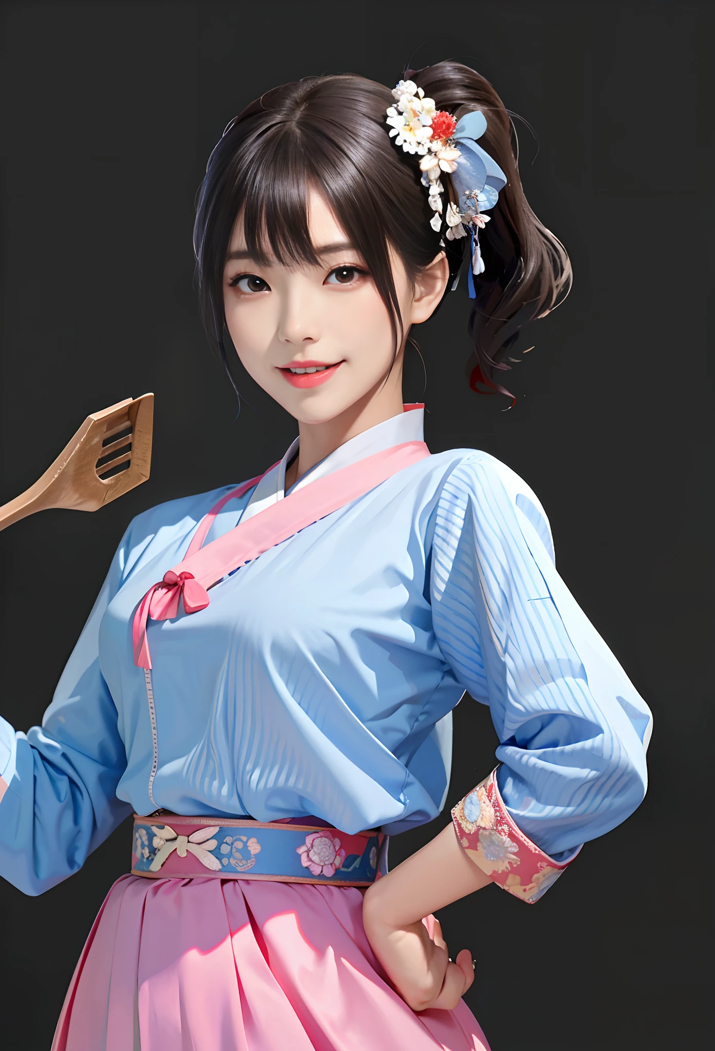 Korean girl,Lively and sexy, Smile Expression, Sexy Korean woman, Cook, Perfect leg shape, Perfect chest, perfect body figure, Wearing an ancient hanbok, Fashionable hanbok, highly detailed whole body, high texture detail, extremely detaile, Extremely detailed eyes and face, 美丽细致的眼睛, Light on the face, An extremely delicate beauty, Extreme meticulousness, finedetail, edge lit, Highly meticulous, flawless perfection, Focus Clear, Eye for details,