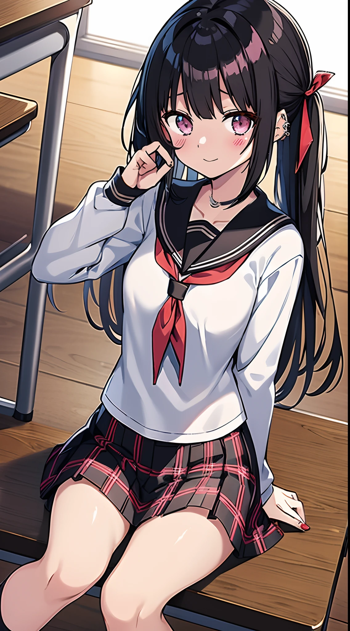 Anime style girl, 1 girl, Solo, Red Eyes, Black hair, Twin-tailed, Hair Ribbon, piercings，serafuku, plaid skirts, student clothes, ‎Classroom，sitting on，Looking at Viewer