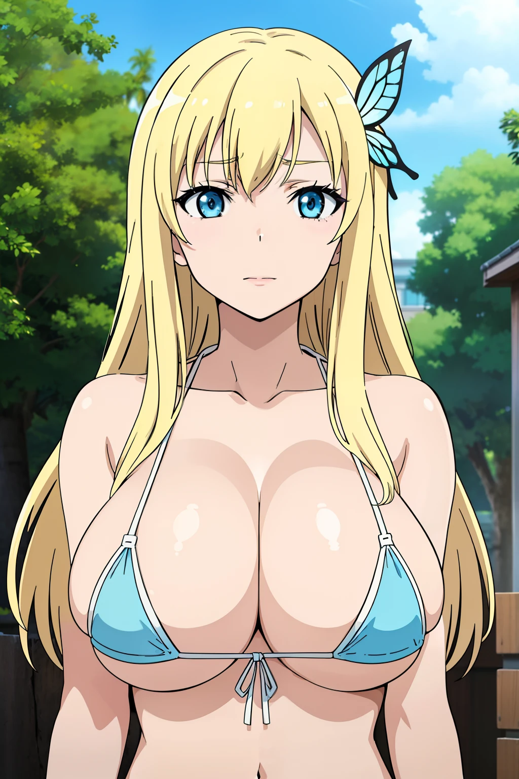 Seina Kashiwazaki, 1girl in, a blond, Gentle LCD, butterfly hair ornament, (huge breast), Light blue micro bikini, (upper body:1.5), sand beach