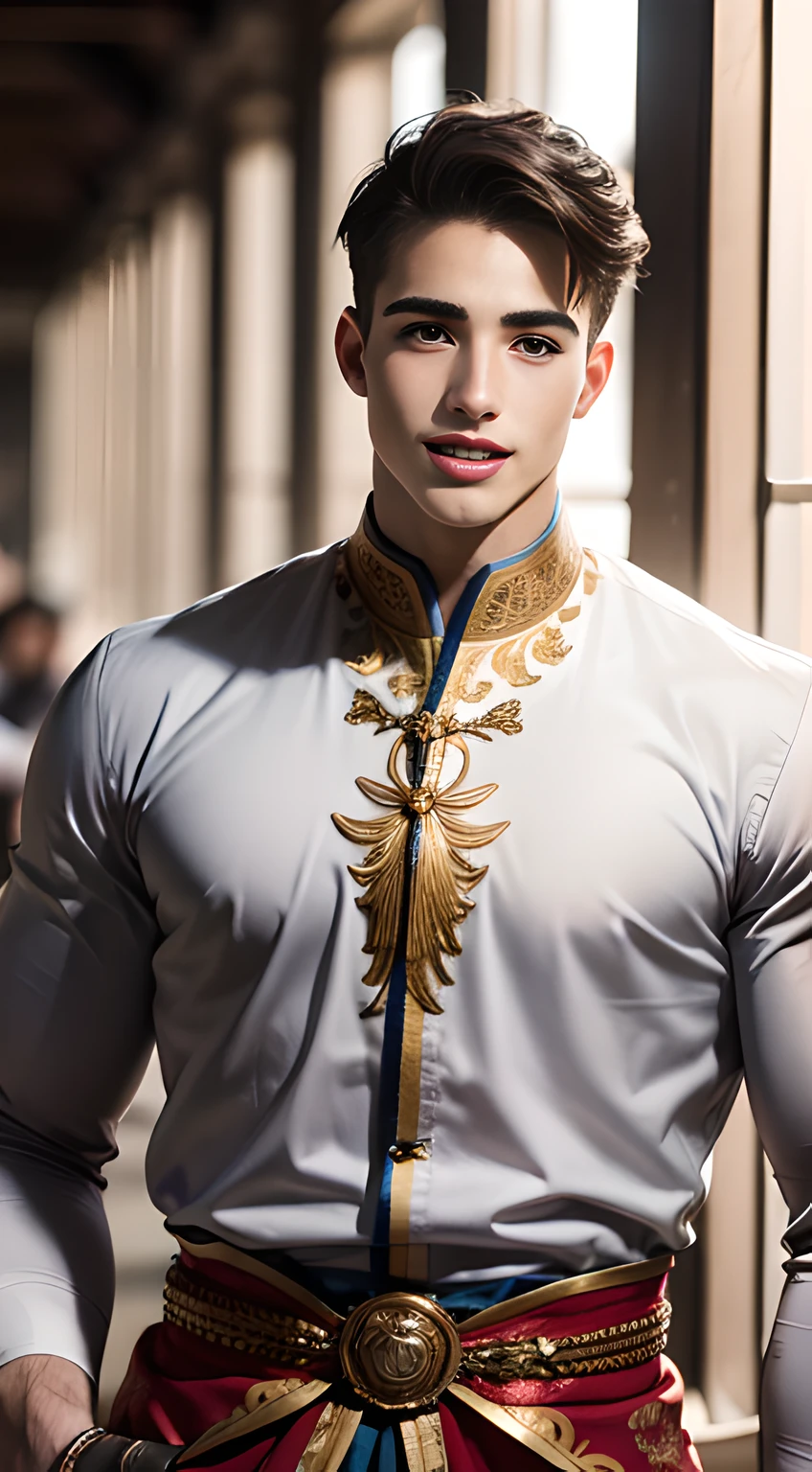(((Men only))), ((head shot)), ((Pietro Boselli)), ((wearing an Indonesian traditional costume)), (Indonesian traditional costume reflects the diverse cultures of the nation, featuring vibrant fabrics, intricate patterns, and often includes a kebaya (blouse) for women and a batik shirt for men, with accessories such as sarongs and headpieces, creating a rich tapestry of heritage attire), ((Handsome muscle man in his 20s)), (Big smile), (detaile: 1 in 1), Natural muscles, HIG quality, beautidful eyes, (Detailed face and eyes), (Face、: 1 / 2), Noise, Real Photographics、... ......................................................................................................................PSD, Sharp Focus, High resolution 8K, realisitic & Professional Photography, 8K UHD, Soft lighting, High quality, Film grain, FujifilmXT3