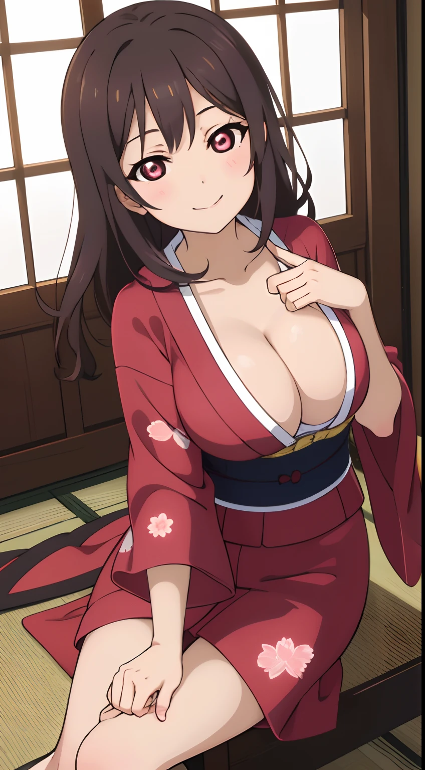 (masutepiece), Best Quality, High resolution, Highly detailed, Detailed background, Perfect Lighting, girl with, 20 year old sexy woman、Brown hair、Dark pink yukata:1.2、Beautiful Large Breasts、(Beautiful woman in yukata)girl with、Her eyes are shining、Seductive facial expressions、Poses to seduce、Colossal tits:1.2、Leg fetish、Naughty smile、Inner Stock:1.3、Sit in a Japanese-style room、Bending knees:1.3、The thighs are erotic、cleavage of the breast