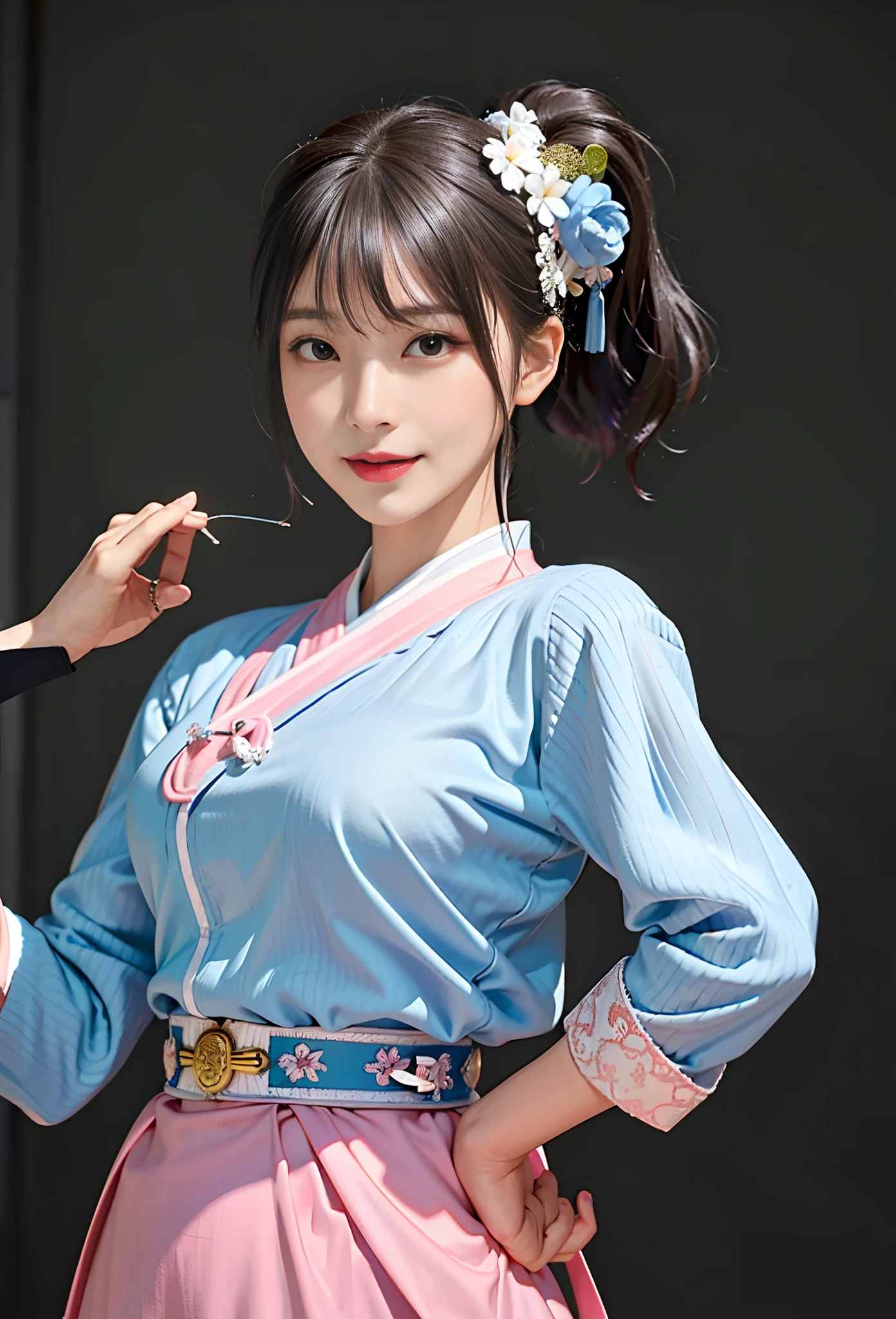 Korean girl，Lively and sexy， Smile Expression，  Sexy Korean woman， Cook， Perfect leg shape， Perfect chest， perfect body figure， Wearing an ancient hanbok， Fashionable hanbok，  highly detailed whole body, high texture detail， extremely detaile， Extremely detailed eyes and face， 美丽细致的眼睛， Light on the face， An extremely delicate beauty， Extreme meticulousness， finedetail，  edge lit， Highly meticulous， flawless perfection， Focus Clear， Eye for details，