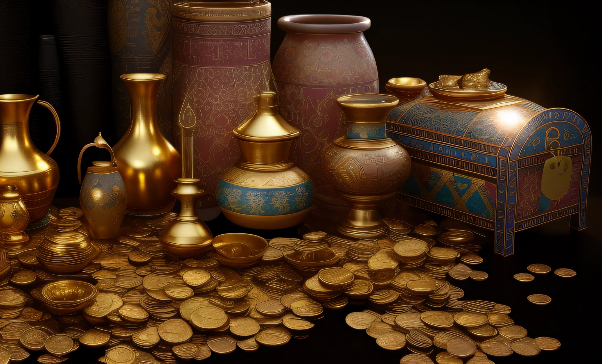 There are many different types of vases and other items on the table, gold and treasure, treasures, With many gold coins, asset pack, highly detailed texture render, Scattered gold coins, treasures of gold, Piles of gold coins, with piles of coins around it, treasure background, super detail of each object, substance painter 3d, gold coins