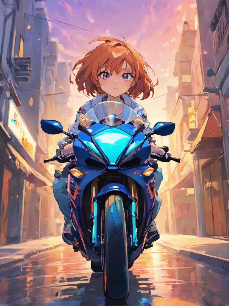 artwork of t-shirt graphic design, flat design of one retro ,motorcycle, miami street , colorful shades, highly detailed clean, vector image, photorealistic masterpiece, professional photography, realistic car, simple sunrise backdrop for car, flat white background, isometric, vibrant vector((white background))