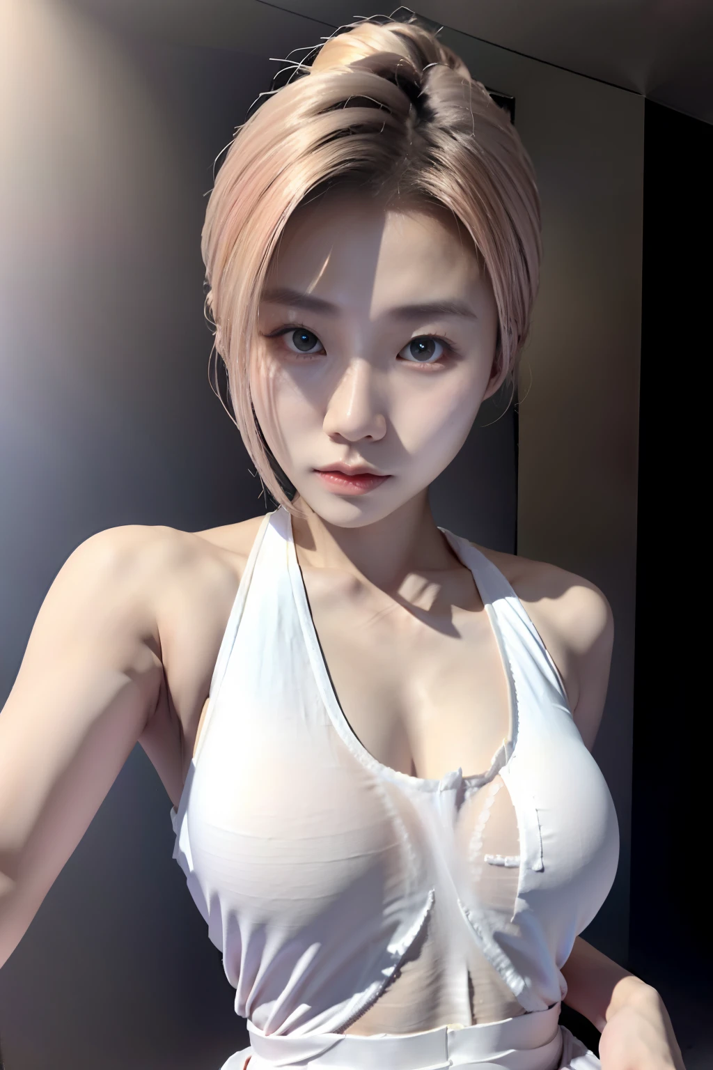 A 24-year-old female,(high-top fade:1.3),Linen pink blonde color,short detailed hair,dark themes,soothing tones,pastel colour,hight contrast,(Natural skin texture,ultra-realistic realism,the soft light,Sharp),Hands behind your back,shift dresses