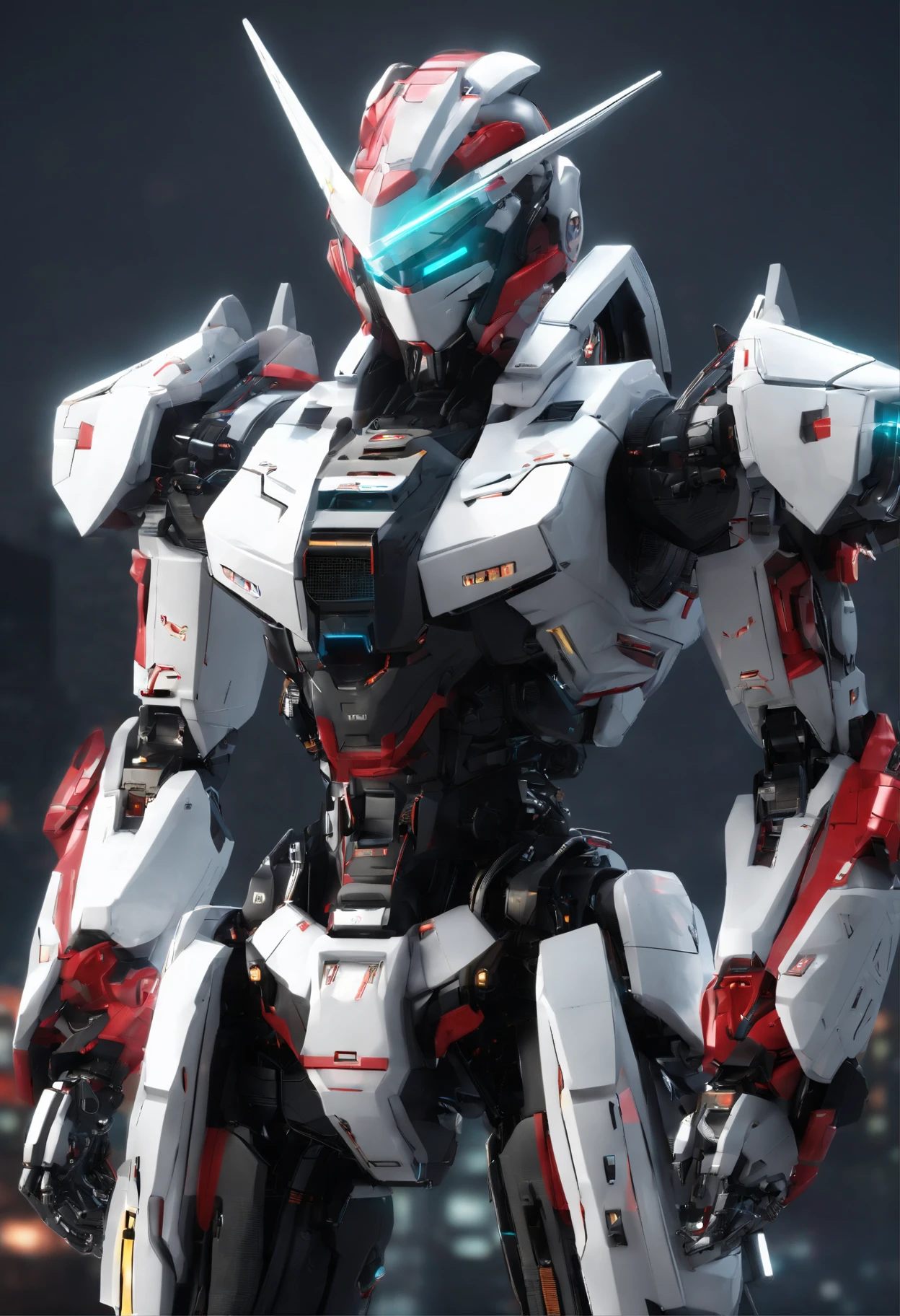Gundam Mech , Feminine body line,Light equipment,Delicate structure,Science fiction, Front view, Sense of technology, C4D, OC Renderer, Unreal Engine, high detailing, industrial design, 8K HD, studio lights,Futuristic city night view background(Best Quality,4K,High resolution),Image Color: METALIC RED,White and yellow lines,Cat-motif design,Sharp rounded body lines,The structure of the female body,Patlabor