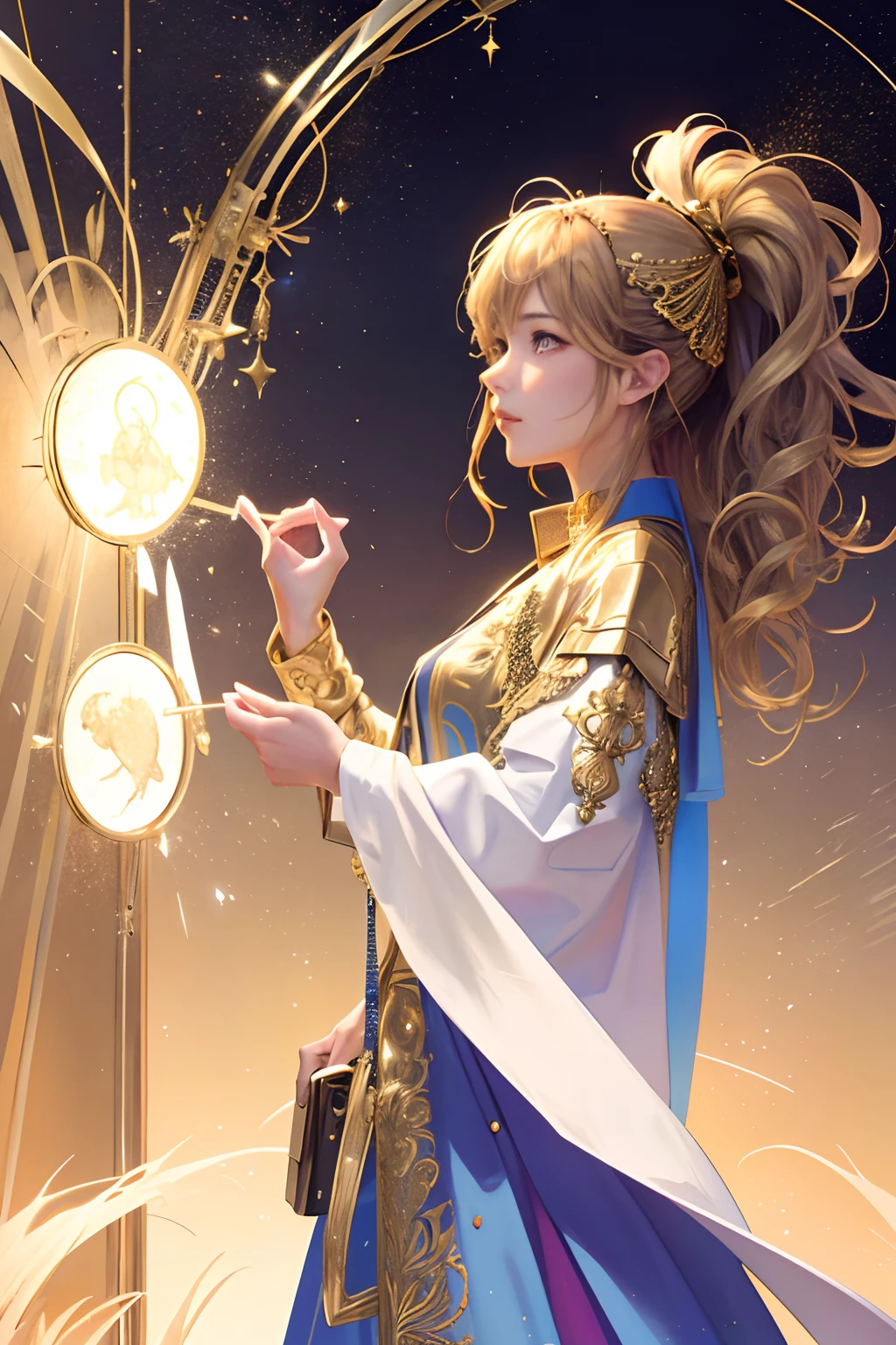 (masterpiece、top-quality、top-quality、Official art、Beautifully Aesthetic:1.2)、(1girl in)、Extreme details、colourfull、highestdetailed、Official art、Unity 8k壁纸、ultra-detailliert、Beautifully Aesthetic、Beautiful fece、masterpiece、top-quality、(Zentangle、a Mandala、Tangles、Entanglement)、Holy Light、gold foil、Gold leaf art、glitter drawing、PerfectNwsjMajmagic、((Medium hair))