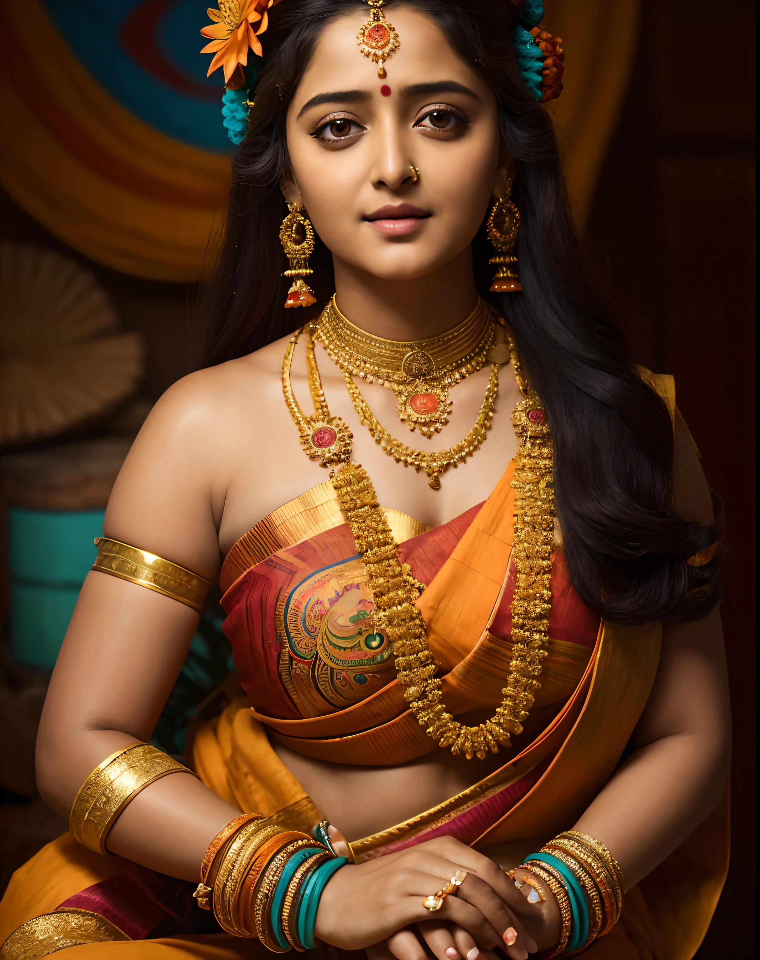 Looks like Anushka Shetty, a close up of a woman in a colorful dress with a flower in her hair, extremely gorgeous woman, matchless beauty, queen, very beautiful enga style, with colourful intricate, candid shot, traditional beauty, candid picture, orange details, wearing intricate, candid portrait photo, with kerala motifs, wearing an elegant tribal outfit, orange and turquoise, orange and teal color, * colour splash *, traditional, stunning visual,