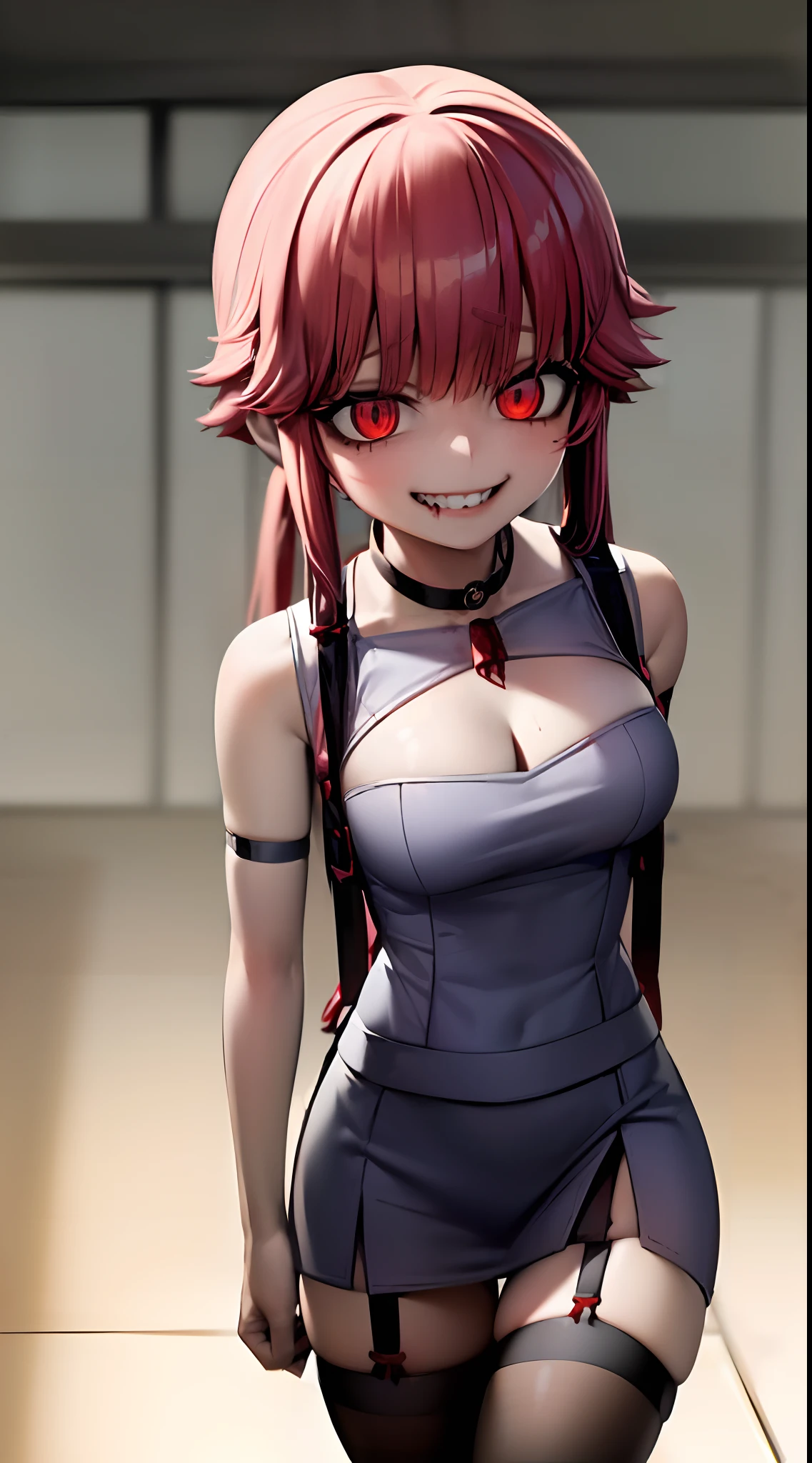 ((masterpiece, best quality)), (1girl), (solo), (female focus), (yuno gasai:1.5), long hair, (red eyes:1.5), pink hair, smile, low twintails, red eyes, 1girl, (large breasts:1.5), solo focus, (black choker:1.5), (Open chest sweater:1.5), black thigh high socks, grey mini skirt, crazy smile, (blood splatter:1.5), (yandere:1.4), in a old room, (psycho:1.5), (stocking suspenders:1.5), (POV, form below:1.5), (perfect hands:1.5), (she kills you:1.5), (evil eyes:1.5), (old room:1.5)