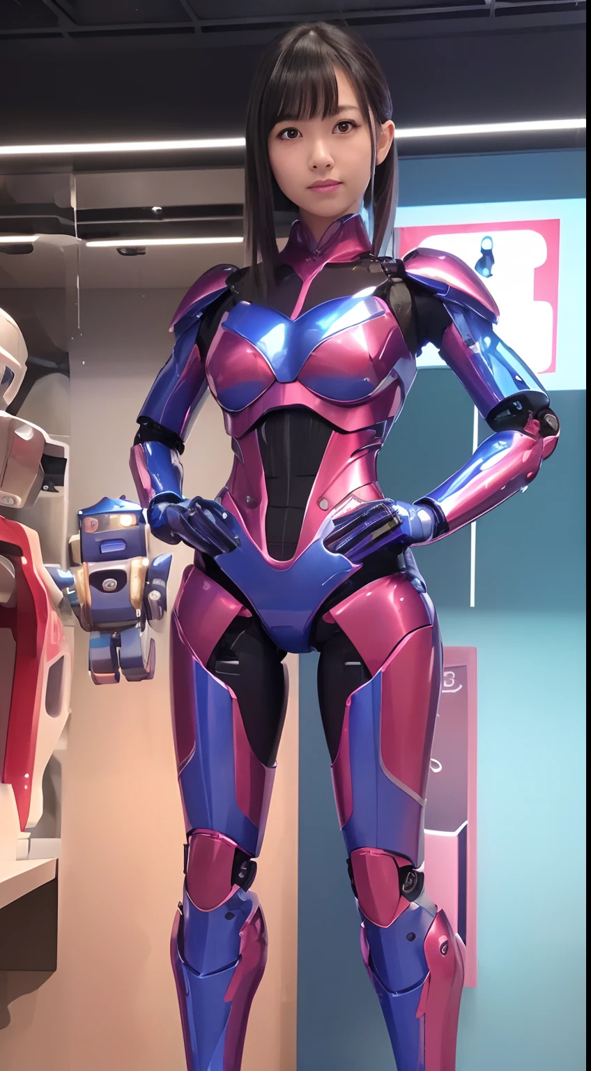 (Photorealsitic:1.4)、One-woman、(top-quality)、(hyperdetailed face)、(Super well-formed face)、((Robot Parts))、(Female-Robot)、(perfect-female-robot)、(perfect-mechanical-body)、(full body mech)、(26 years-old)、(Blue)、(pink there)、(Burgundy)、(metallic)、(Full-body)、(sexy pose)、(Slender body)、(Model body type)、(Akihabara)、(is looking at the camera)、(A dark-haired)、(Well-proportioned lady)、(a small face)、(well-groomed fingers)、(Idol)、(front facing)、(Standing with legs open)、(Hands on hips)、(Photo session)、(Looks sad)