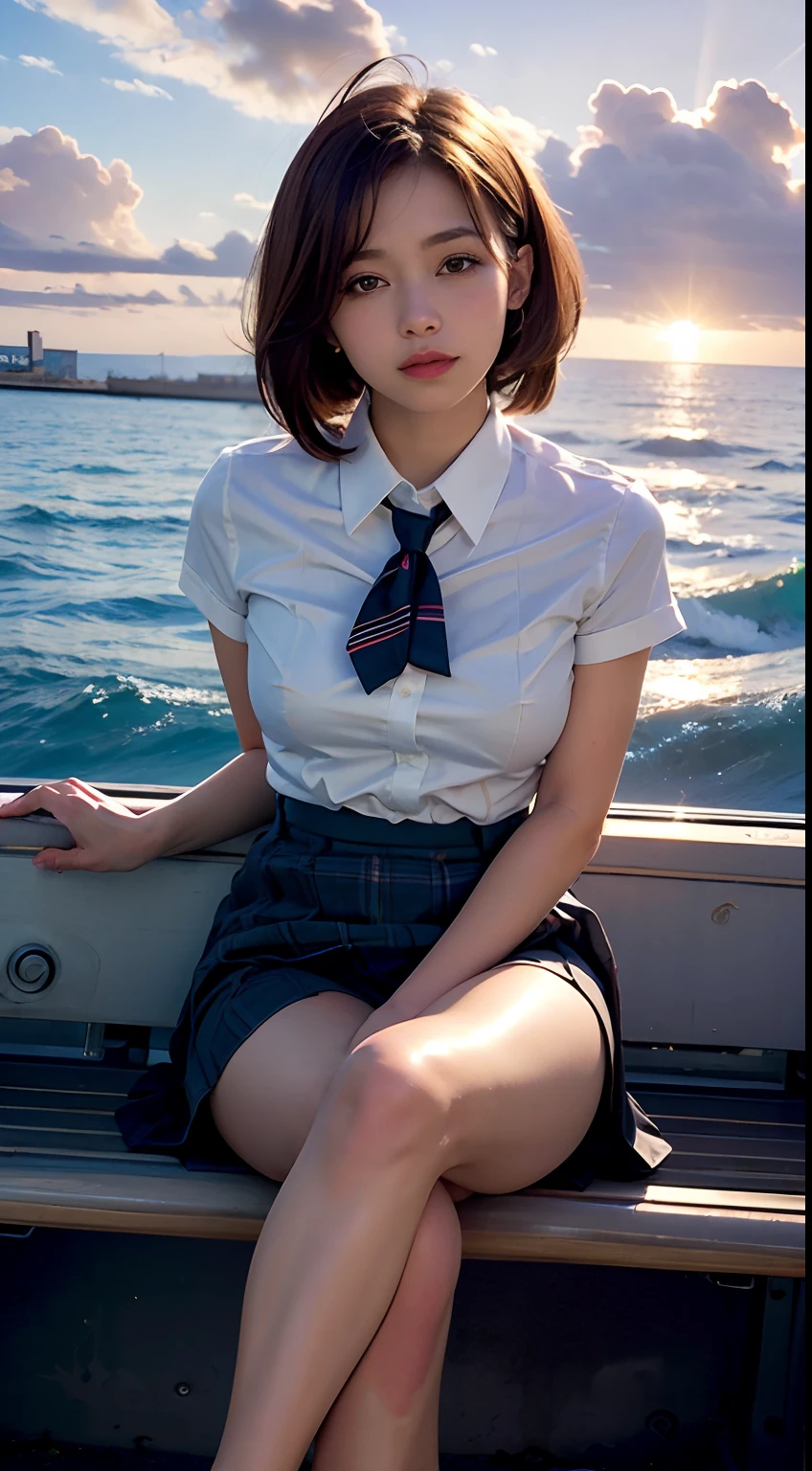 (Best quality, High resolution, Masterpiece :1.3), A pretty woman,
Against the backdrop of an orange-tinted sunset sky with clouds and the sun sinking into the sea, there is a beautiful high school girl in a school uniform sitting. Her hair is light brown, and it’s in a medium bob style. ,
plump big breasts , Constricted waist, She’s wearing a white blouse and pleated skirt as part of her uniform. She’s sitting with her legs apart, and her gaze is directed towards the camera. Please create this scene from a low-angle shot.,