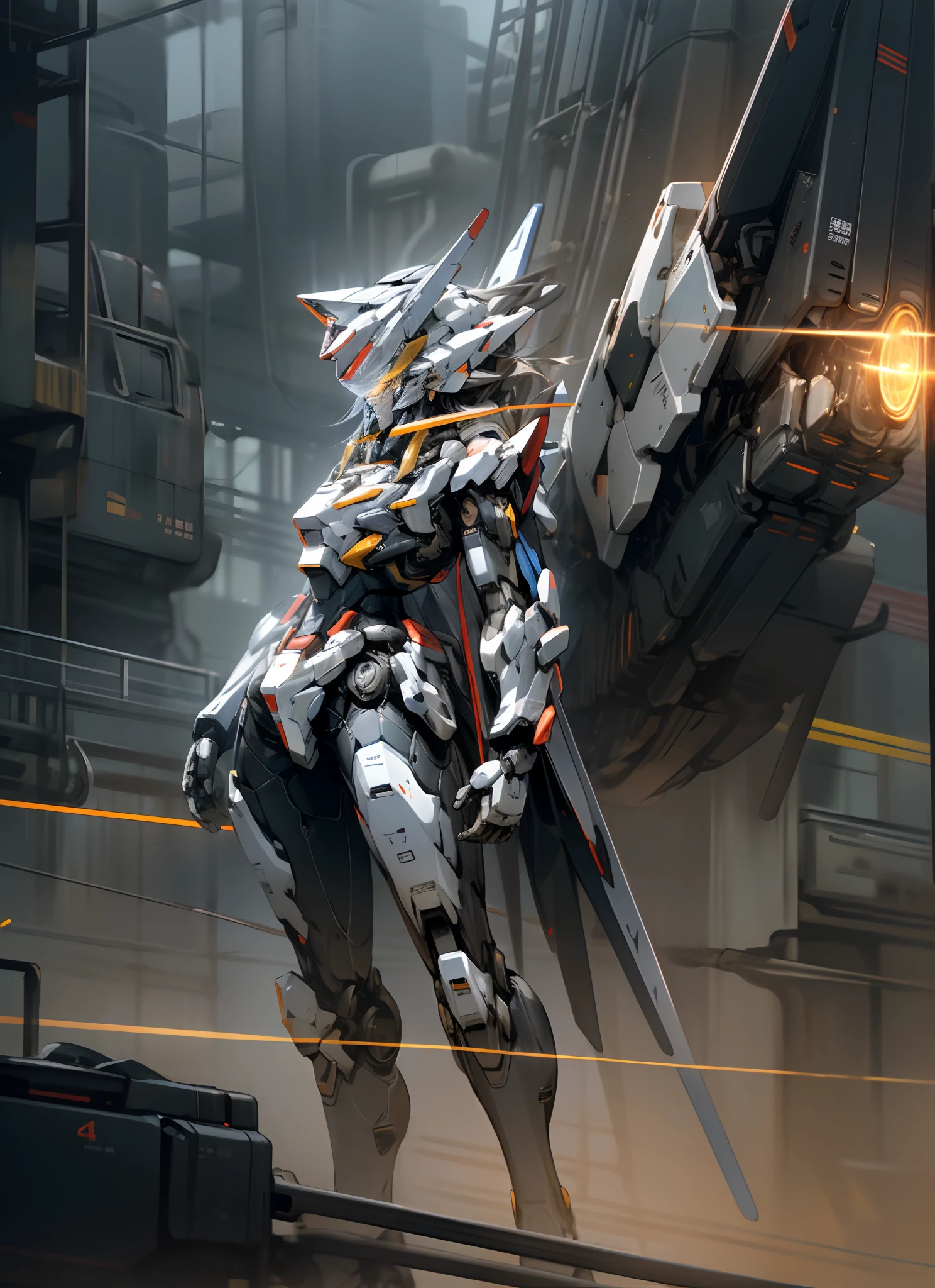 Gundam Mech , Feminine body line，Light equipment，Delicate structure，Science fiction, Front view, Sense of technology, C4D, OC Renderer, Unreal Engine, high detailing, industrial design, 8K HD, studio lights,Futuristic city night view background(Best Quality,4K,High resolution),Image Color: METALIC RED，White and yellow lines，Cat-motif design，Sharp rounded body lines，The structure of the female body，Patlabor