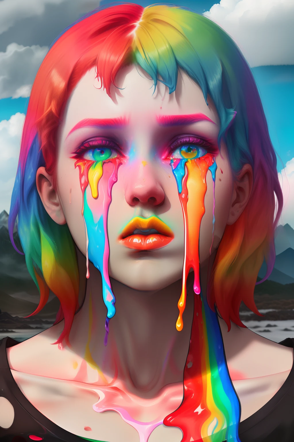 (portrait), absurdes, spilled eyes, multicolored rainbow color spill , rainbow, red yellow green gradient to pink short hair,wavy,tears, looking at viewer, blue crop top, torn clothes ,mountain((cloudy)) background, rainbow, ((bust up))