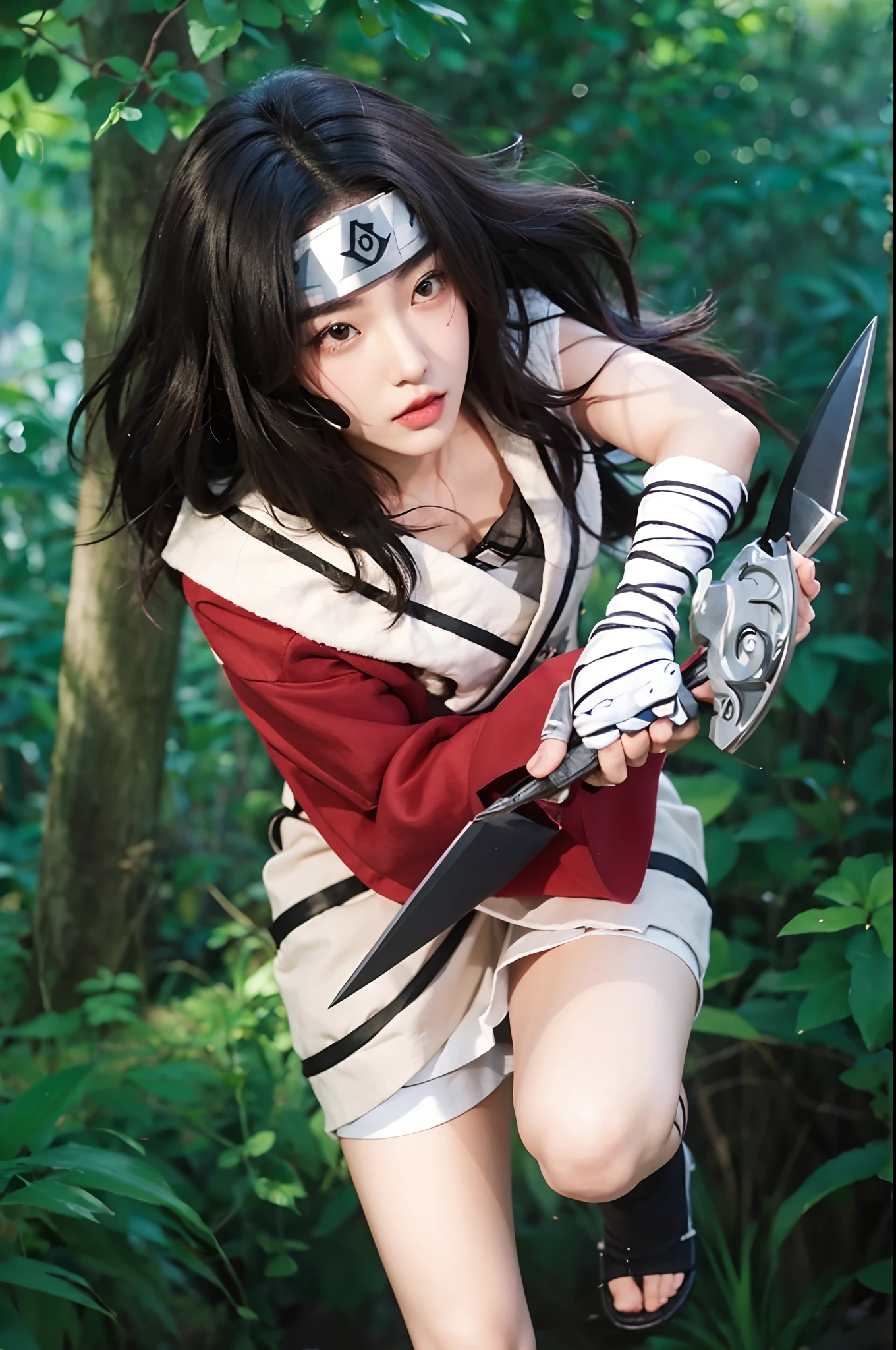 Real life adaption of this character, Korean beauty face, realistic same outfit,holding kunai,realistic hair, realistic headband, realistic light, realistic shadow,hyper realistic,realism,(photorealistic:1.2)