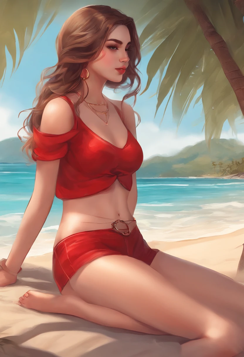 tylee, 1girl, red clothes, full body, sitting, navel, belly, drawing, 2d, cute, cleavage, legs, skinny, sexy, beach, looking away, dutch shot from above