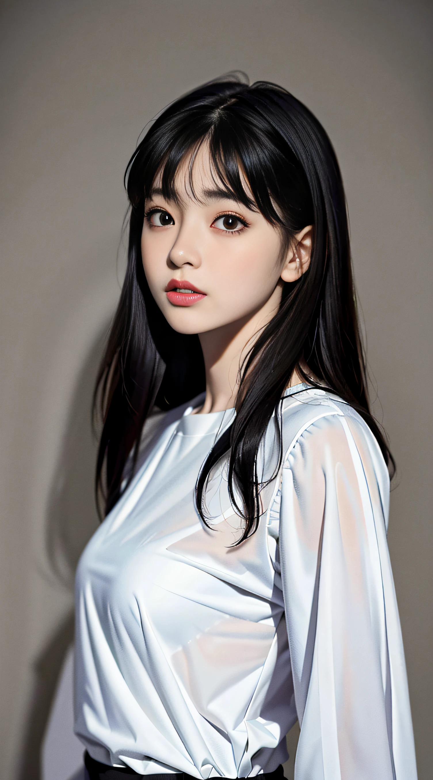 Masterpiece, best quality, (dark photo: 1.3), realistic, 1girl, flat bangs, stunning innocent symmetrical face, shirt, emotional, ulzzang, (PureErosFace_V1: 0.7)