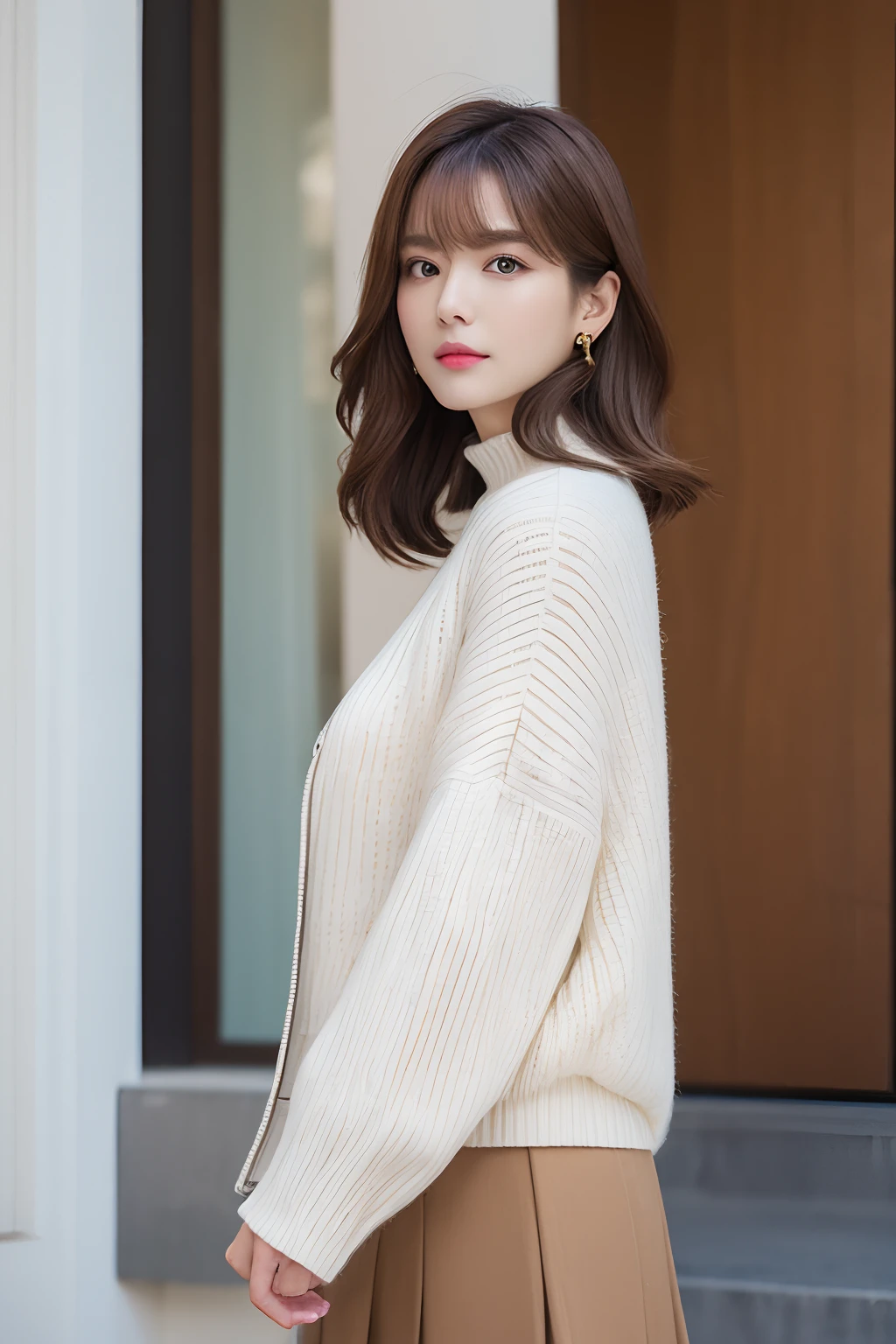 (photographed:1.2)、(Photorealsitic:1.4)、(​masterpiece:1.3)、(top-quality:1.4)、超A high resolution、(A detailed eye)、(detailed facial features)、(detailed clothes features)、8K分辨率、solofocus、bangss、Double eyelids、Beautiful lips、toned legs、(Slender girl)、(a japanese girl)、(Japan Faces)、1 girl in、Slim Beauty:1.3、brown haired、Delicate hair、(Colossal tits:1.2)、Daikanyama、Street、Realistic body、de pele branca、glistning skin、Slim body、(short-hair:1.2)、(bangss: 1.2)、Bruises and ugly face、kawaii faces、Lifelike face、Delicate body、(Detailed Cafe)、Street fashion、(Wear a stylish jersey with attention to detail:1.5)、Terrace seating、stunning lighting