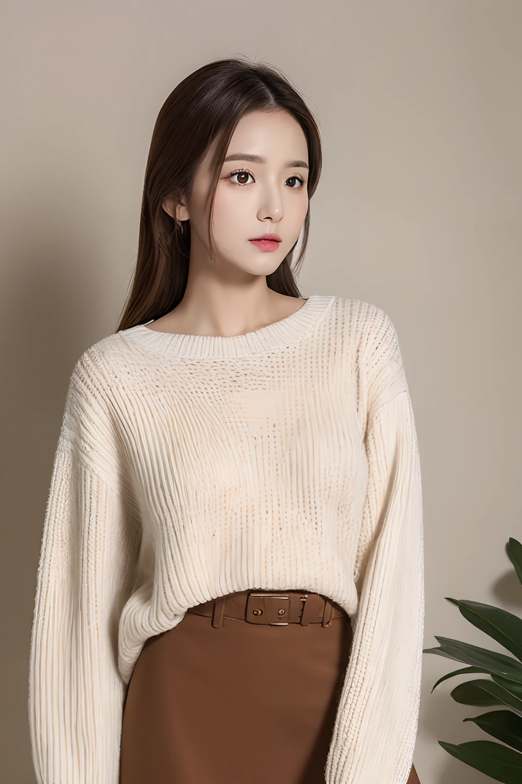 tmasterpiece，E-commerce shooting，Best quality at best，8K，offcial art，cinematric light，超高分辨率，1个Giant Breast Girl，，mature，独奏，jewely，eye glass，a skirt，long whitr hair，looking at viewert，Sweaters，whitesweater，brown  hair，with brown eye，white backgrounid，jaket，a skirt，Sleeve over wrist，high-necksweater，longer sleeves，tart，jaket