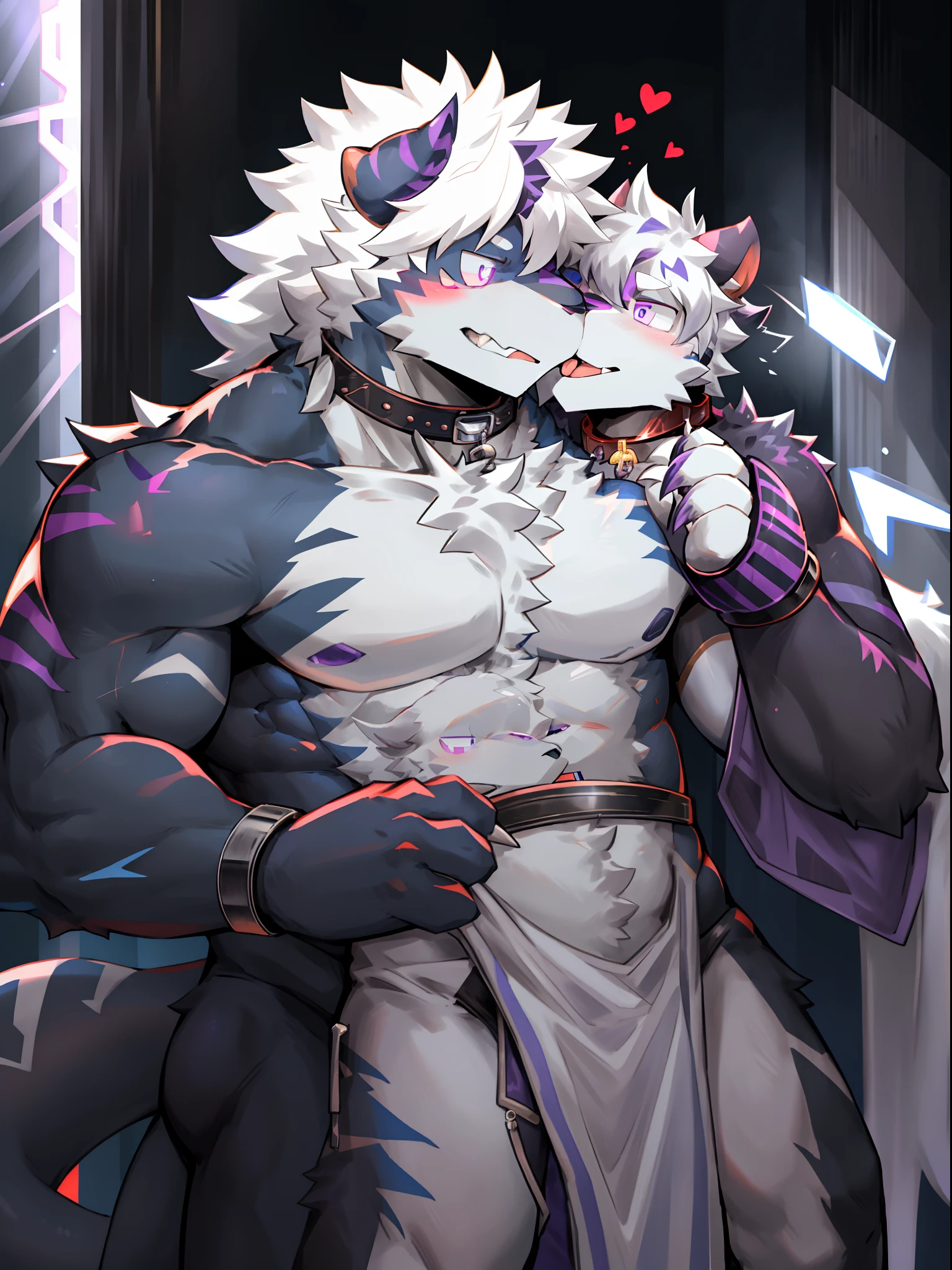 One guy,独奏,Full body like,shaggy male,hairy bodies,Correct anatomy,Detailed double eyes,glowing light eyes,Wearing a naked,Black waist wrap cloth,Muscular,long white hair,drak,shoun(thin tall body type),male people,There are small horns on the head,black-skinned,Purple stripes,red striped,Purple eye,glowing light eyes,Sharp claws,Cute meat pad,Collar,Police shackles,adolable,Handsome,Evil charm,haughty,Great dragon tail,full bodyesbian,White laboratory,Bright white light,Brainwashing,tongue kissing,Viscous liquid flows out,The underparts spill white liquid