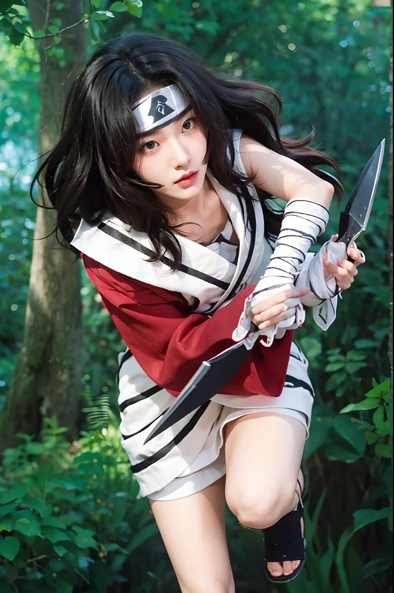 Real life adaption of this character , Korean teen beauty face,realistic same wavy hair , (realistic same outfit ), realistic jungle background , realistic light, realistic shadow, realism, hyper realistic,(photorealistic:1.2), realistic same headband,His hands were wrapped in white cloth, holding kunai