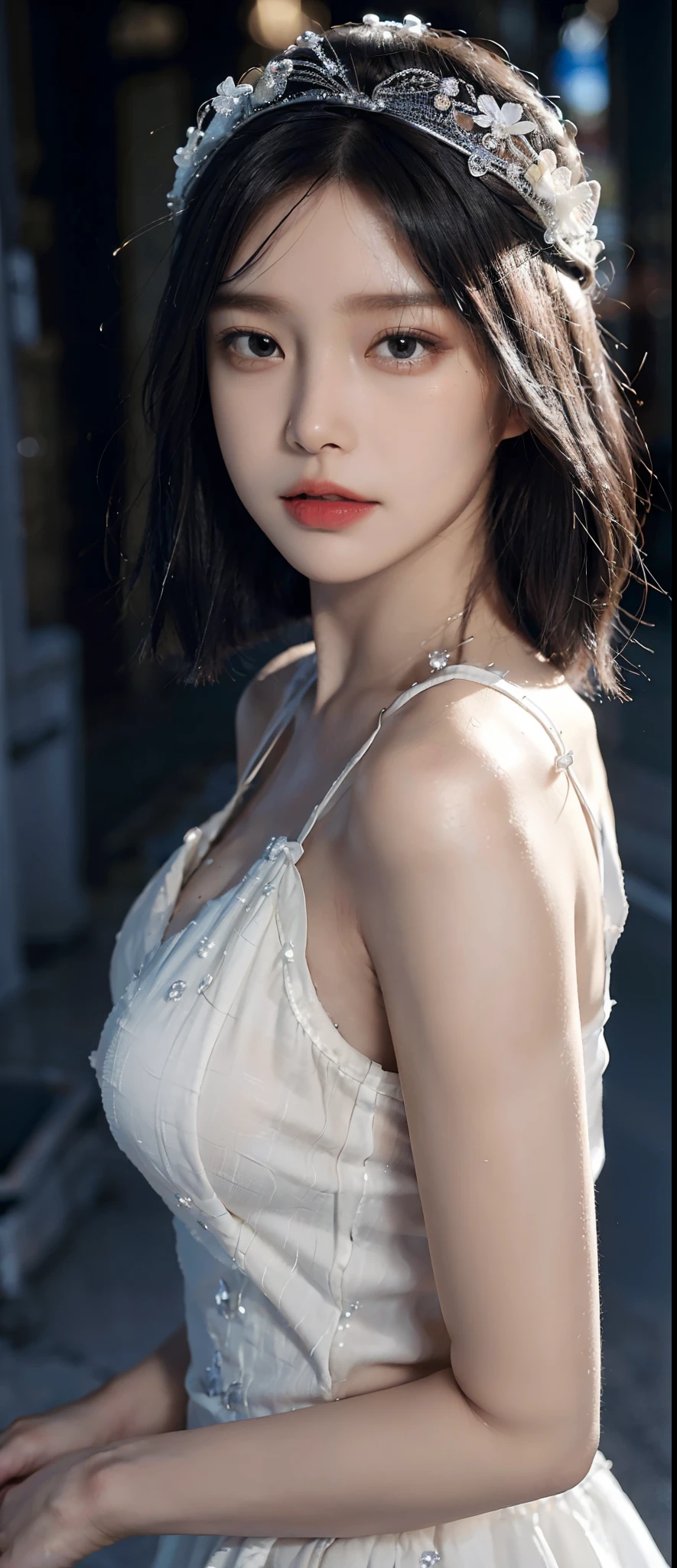 (Best Quality, 4k, Masterpiece: 1.3), Espa Winter, Espa Winter 아이돌, large full breasts, Latex suit, A hyper-realistic, thin lip detail, 1Girl, Ultra-detailed face, Detailed lips, Detailed Eyes, Double eyelid, 매력적인 전신 블랙 Latex suit, 전신 Latex suit, style of magazine cover