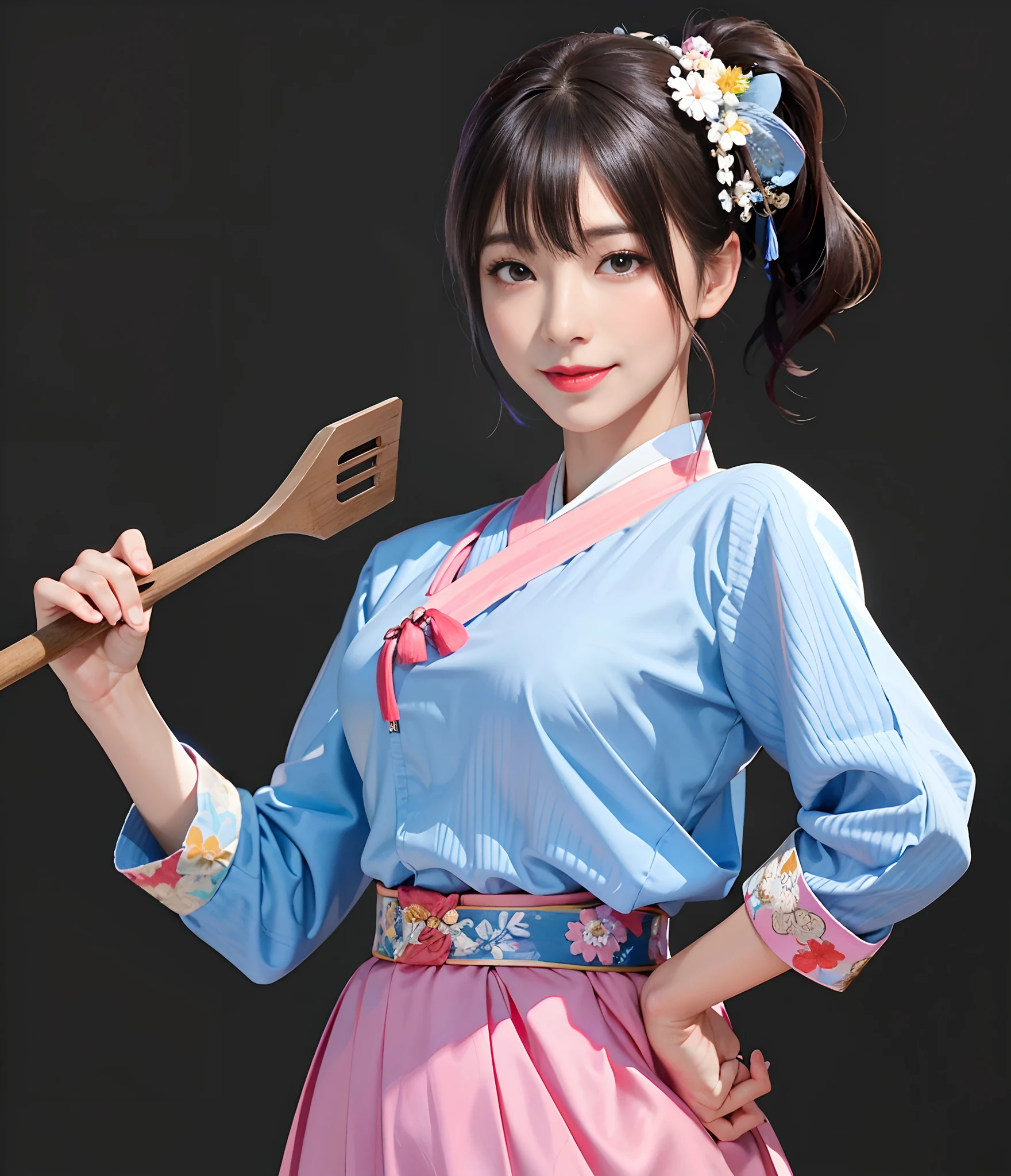 Korean girl，Lively and sexy， Smile Expression，  Sexy Korean woman， Cook， Perfect leg shape， Perfect chest， perfect body figure， Wearing an ancient hanbok， Fashionable hanbok，  highly detailed whole body, high texture detail， extremely detaile， Extremely detailed eyes and face， 美丽细致的眼睛， Light on the face， An extremely delicate beauty， Extreme meticulousness， finedetail，  edge lit， Highly meticulous， flawless perfection， Focus Clear， Eye for details，