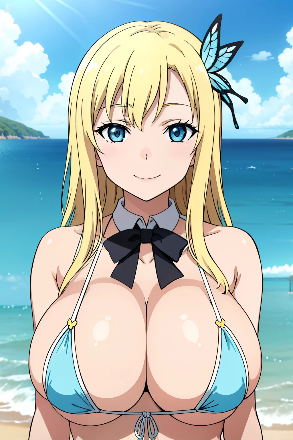 Seina Kashiwazaki, 1girl in, a blond, kindly smile, butterfly hair ornament, (huge breast), Light blue micro bikini, coverd nippple, (upper body:1.5), sea side