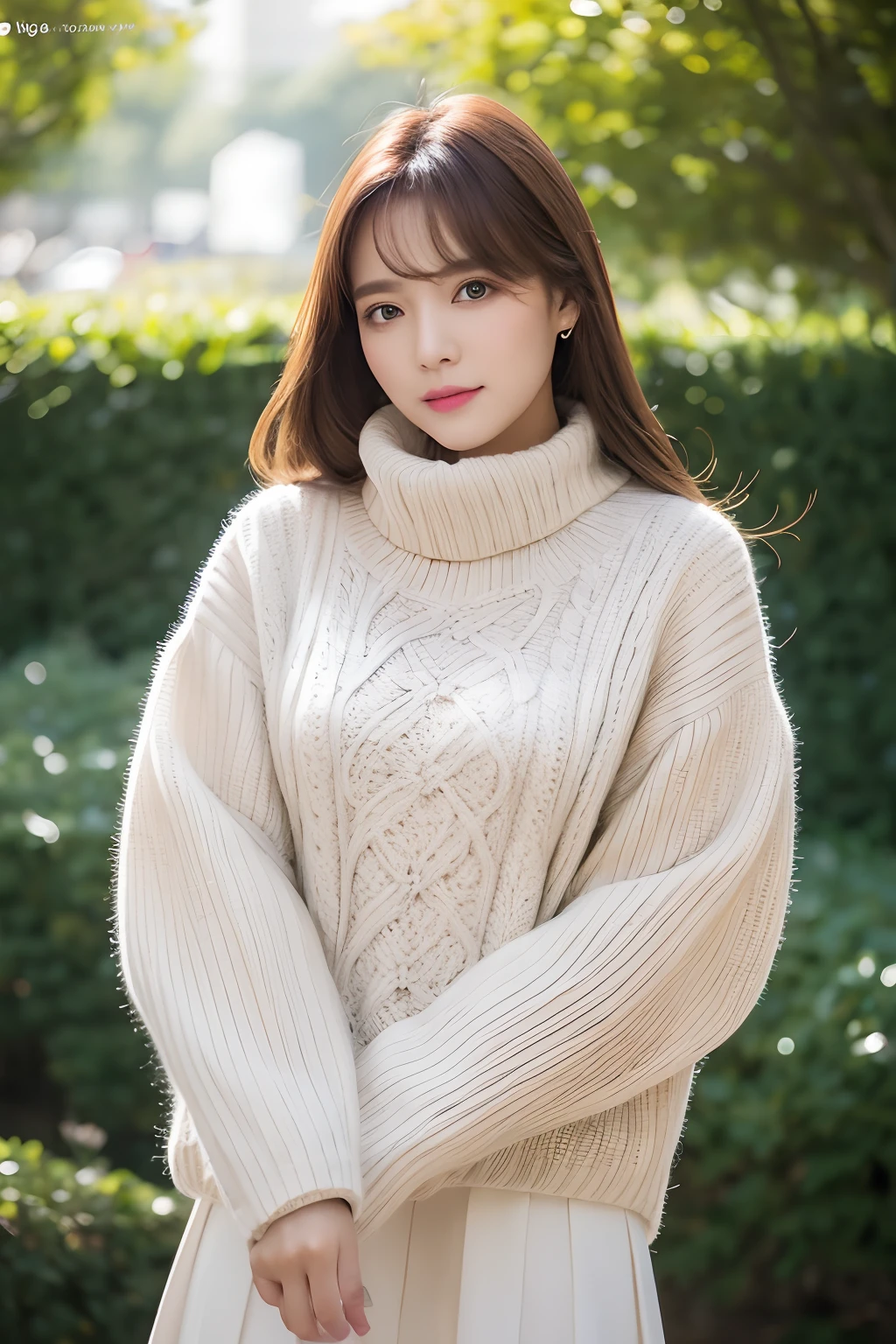 highest quality, masterpiece, Ultra-high resolution, Very detailed, Realistic, RAW shooting, Natural skin texture, (1 Japanese girl wearing a long cable knit sweater:1.3), Adorable expression, Expressions of Happiness, 25 years old, Amazingly cute, Curly Hair, Black Hair, light makeup, large breasts, winter forest, smile, Cowboy Shot