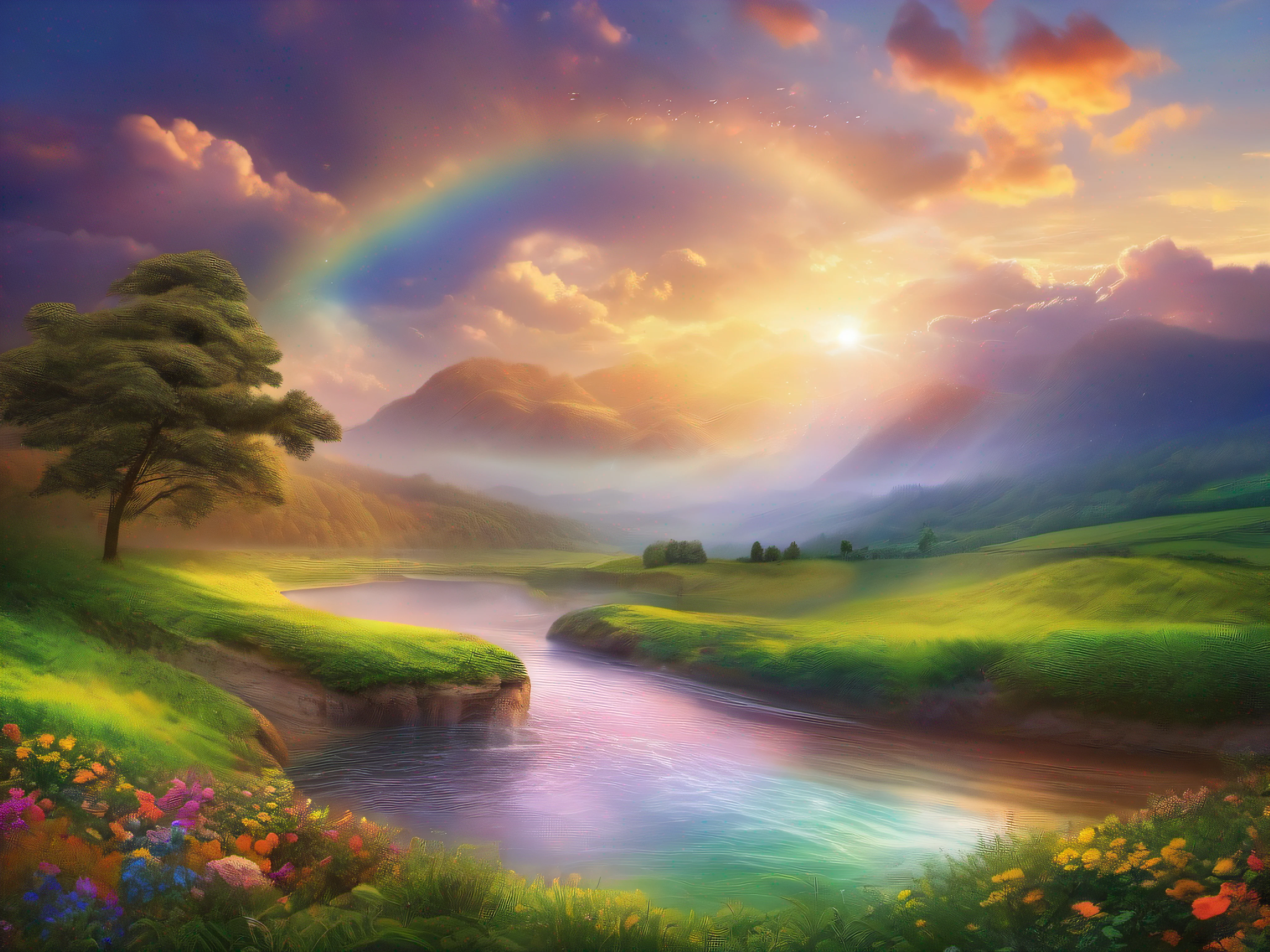 best quality,ultra-detailed,realistic,over the rainbow,landscape,bright colors,vivid sky,flying birds,green meadows,colorful flowers,serene river,peaceful surroundings,soft clouds,natural beauty,sunlight filtering through,impressive view,light breeze,calm atmosphere,magical aura,brilliant colors blend harmoniously,happy and joyous,peaceful and tranquil,beautifully-arched rainbow across the sky,vibrant and breathtaking scenery,a moment of awe and wonder,feeling of serenity,blissful harmony with nature,whisper of enchantment,where dreams come alive