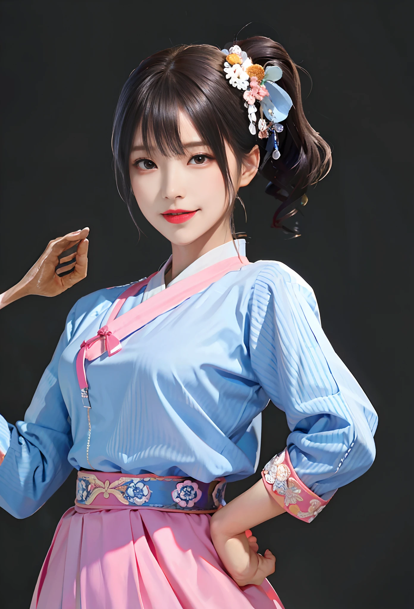 Korean girl,Lively and sexy, Smile Expression, Sexy Korean woman, Cook, Perfect leg shape, Perfect chest, perfect body figure, Wearing an ancient hanbok, Fashionable hanbok, highly detailed whole body, high texture detail, extremely detaile, Extremely detailed eyes and face, 美丽细致的眼睛, Light on the face, An extremely delicate beauty, Extreme meticulousness, finedetail, edge lit, Highly meticulous, flawless perfection, Focus Clear, Eye for details,