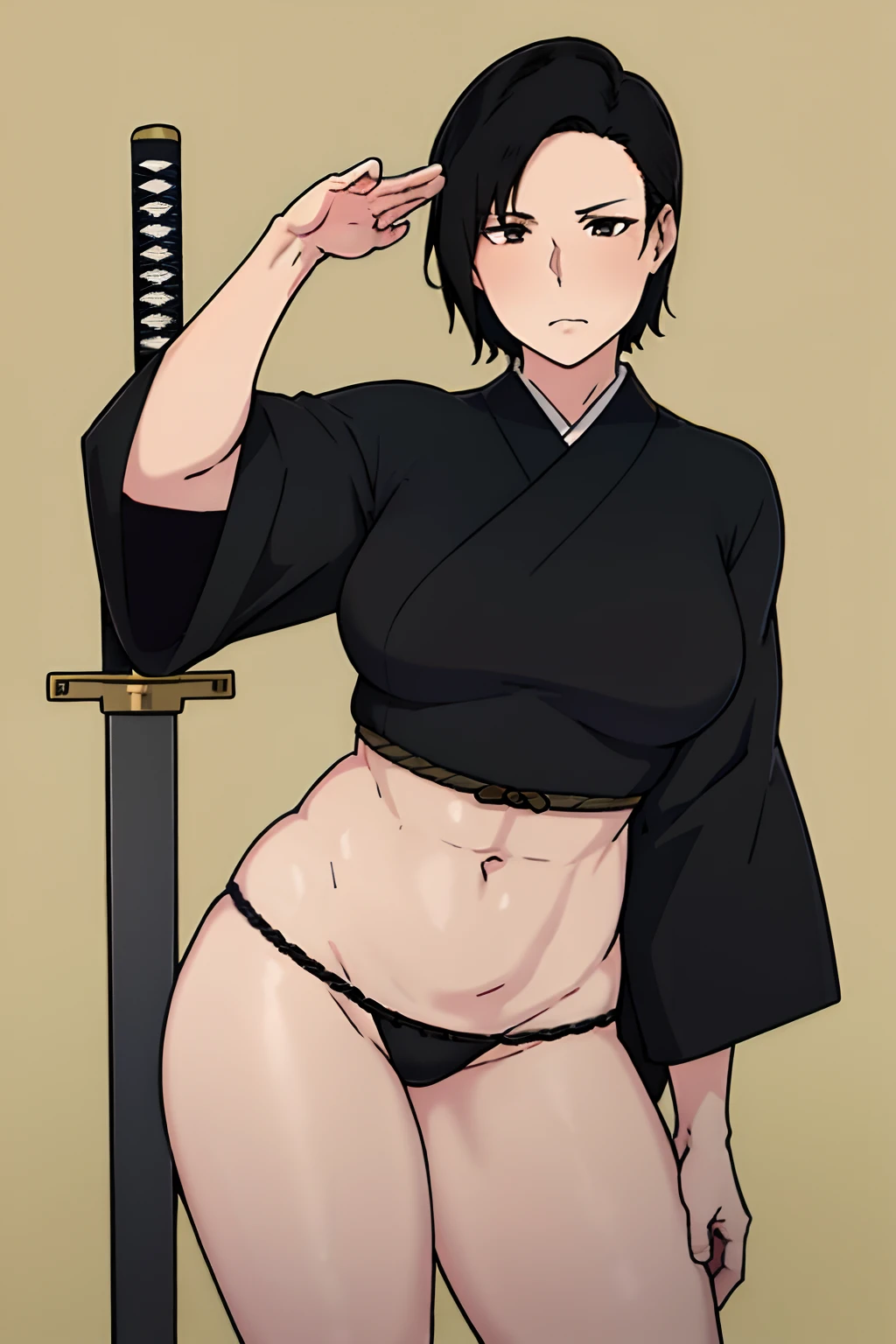 NTRman, masterpiece, best quality, 1girl, solo, mature female, toned, swordswoman, short hair, black hair, dull amber eyes, pale skin, neutral frown, small breasts, muscular arms, wide hips, muscular thighs, salute, black full length kimono, katana on hip, Japanese medieval village