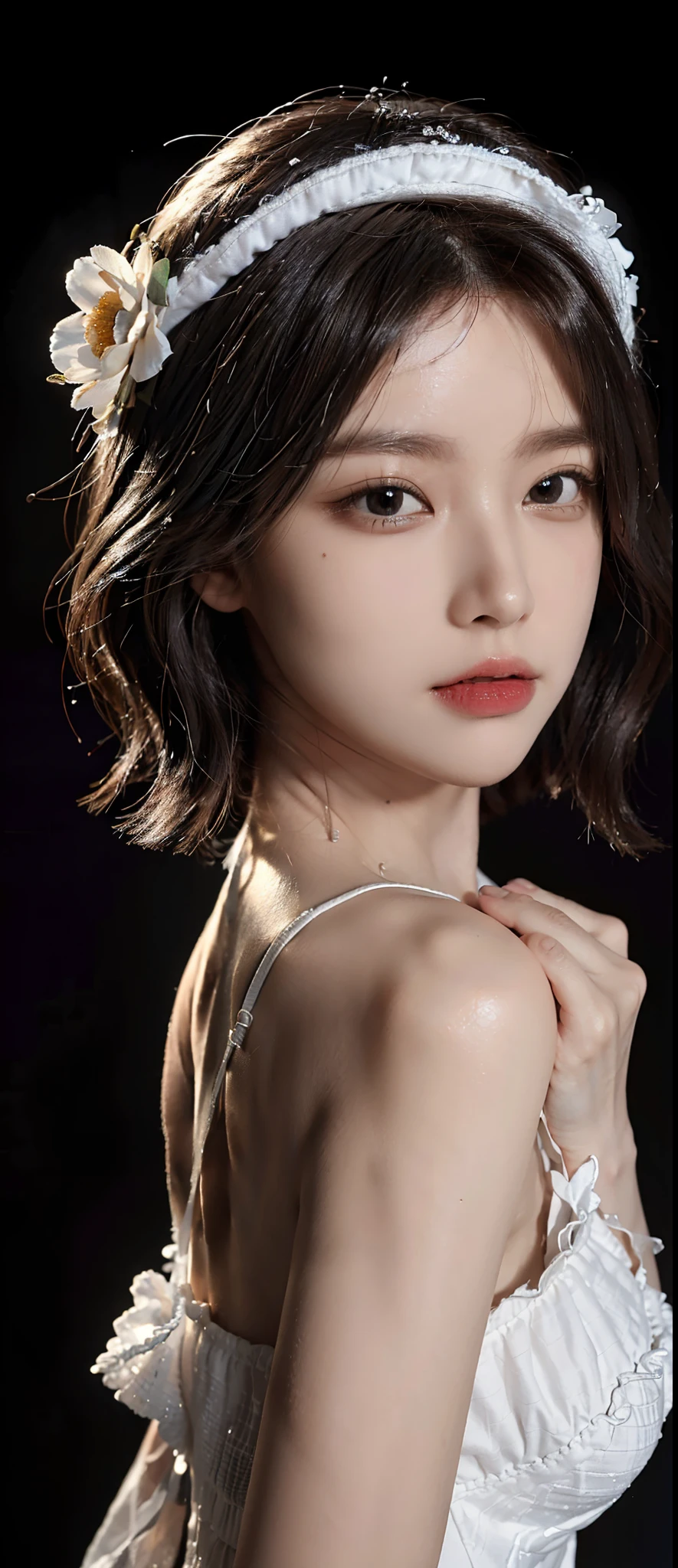 ((Best Quality, 8K, Masterpiece: 1.3)), (Flower Cap: 1.3), Focus: 1.2, Perfect Body Beauty, (Layered Haircut: 1.2)), (Dark Street: 1.3), Highly Detailed Face and Skin Texture, Delicate Eyes, Double Eyelids, Whitened Skin, Long Hair, big breasts, close up
