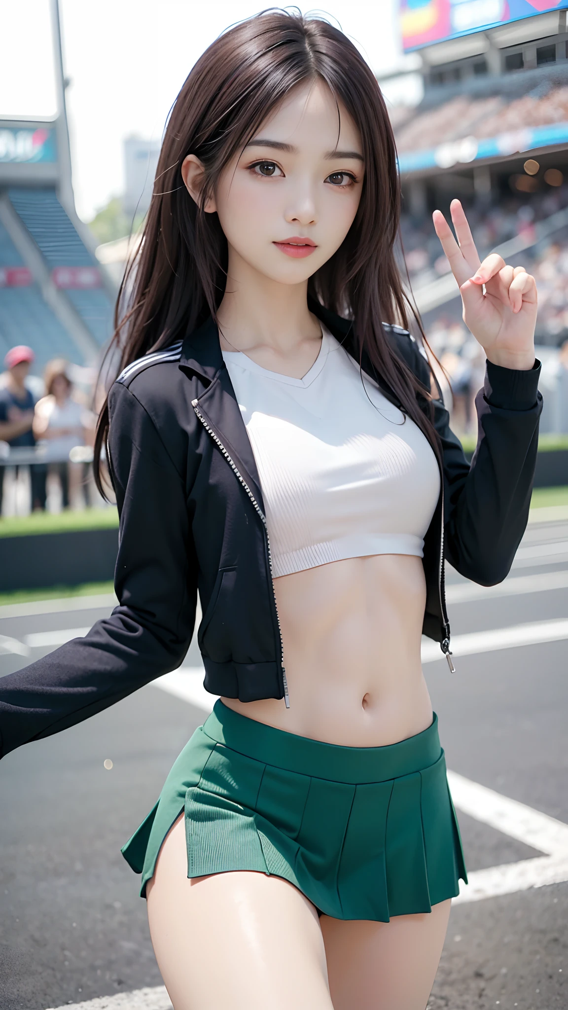 4k ultra hd, masterpiece, best quality, a girl, sports girl, happy, good face, smile, detailed eyes, detailed lips, very long hair, Multicolor floating hair, slim body, sweaty body, medium breasts, tight abs, narrow waist, green costume, short sleeves, cropped top, opened jacket, black jacket, skirt, dark shadow, bright sunshine, stadium background, running pose,