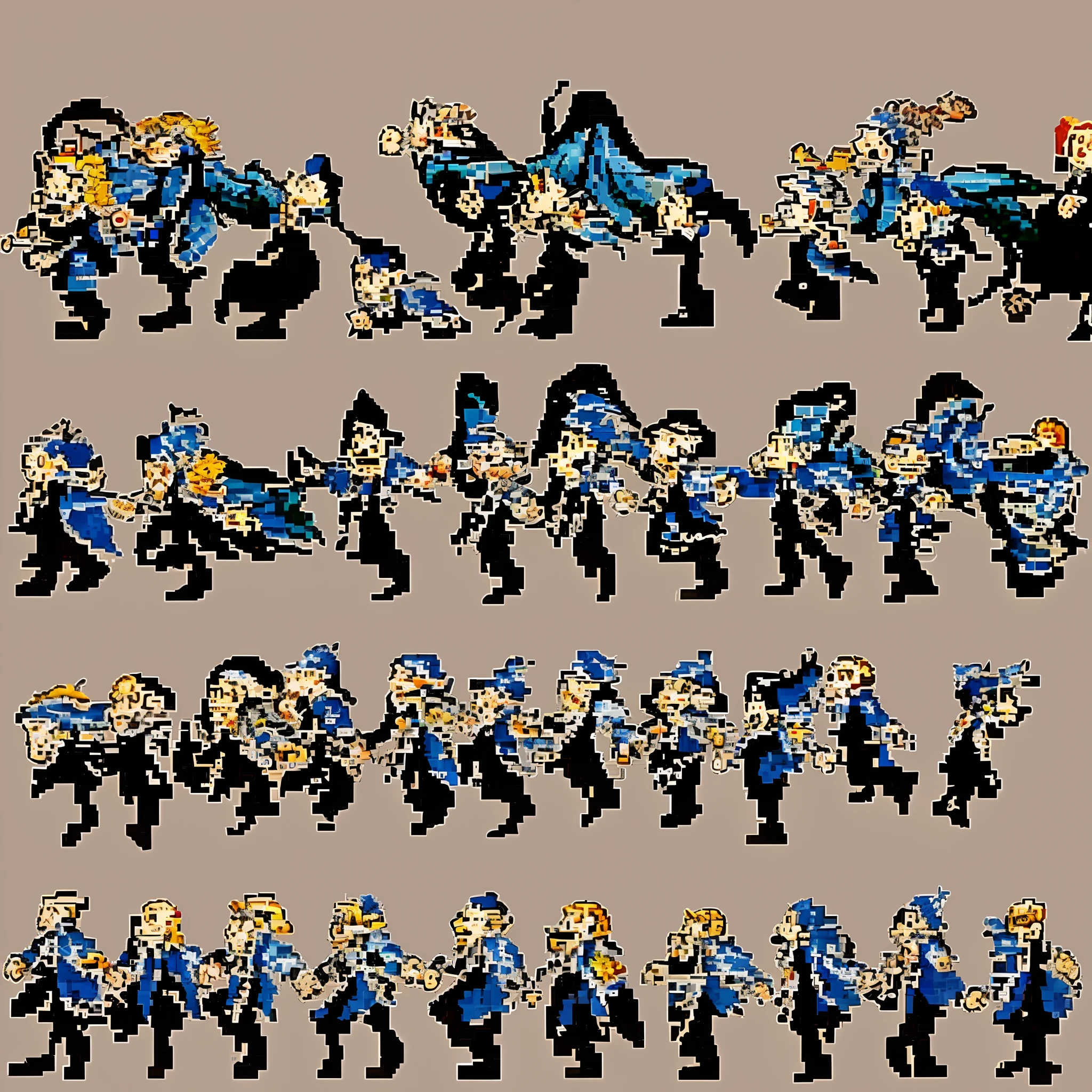 Create 5 sprites of 32x32 pixels each that represent a man walking in pixel art style. The sprites should show the man in different phases of walking, changing the position of his feet