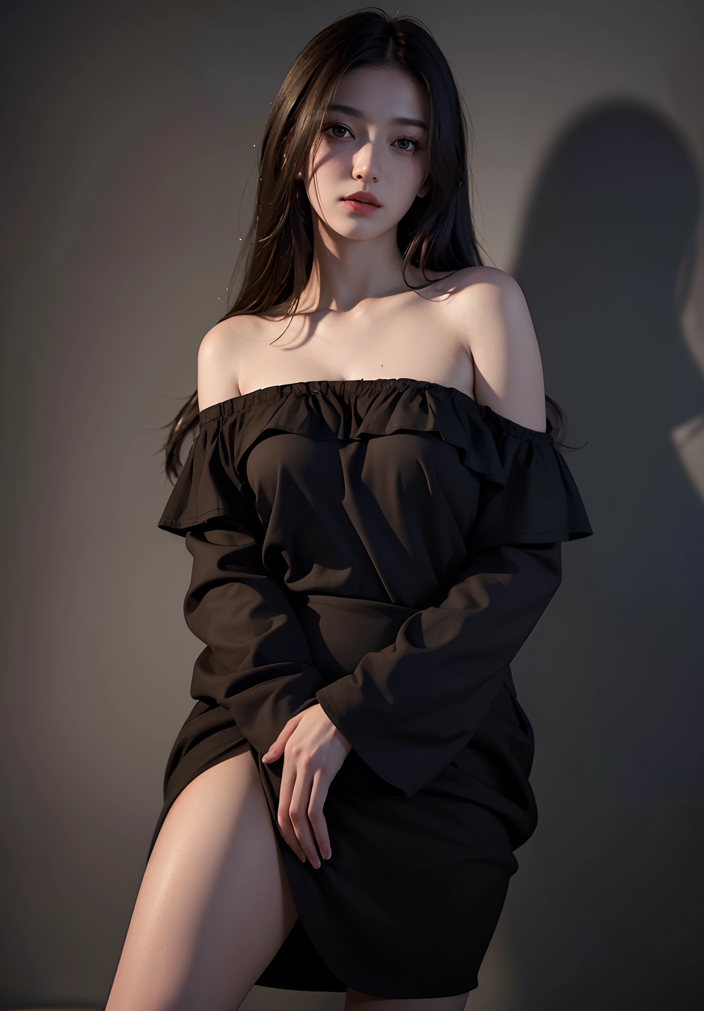 Best quality, masterpiece, ultra high res, (photorealistic:1.4), raw photo, 1girl, offshoulder, in the dark, deep shadow, low key, cold light, show the belly