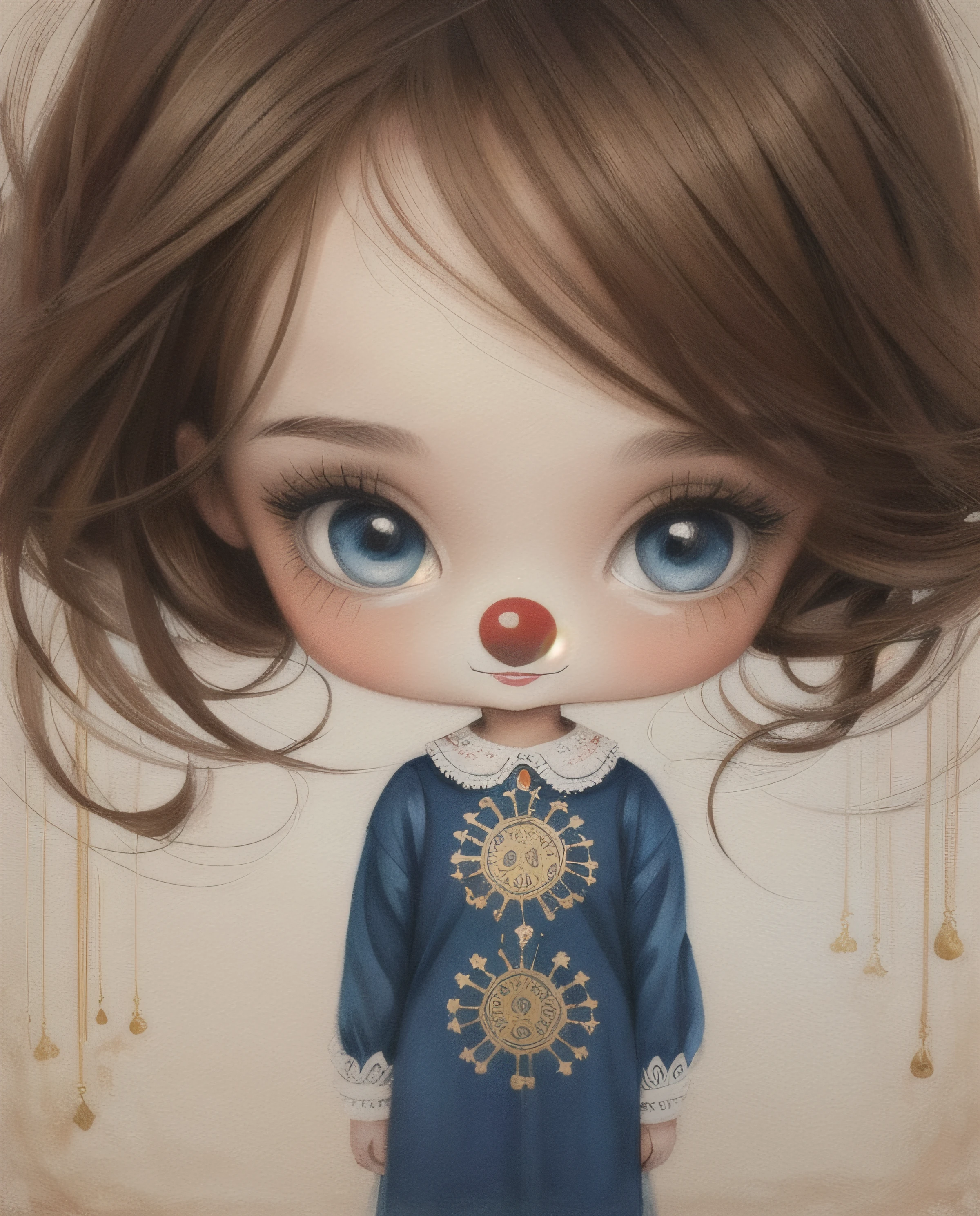 A painting of a girl with a clown's nose, Mixed media illustration, Chica con ojos blancos, LinDo arte Digital DetallaDo, lindas ilustraciones detalladas, Girl with brown hair, illustration cute, lindas ilustraciones, artistic illustration, por Marie Angel, por Ksenia Milicevic, por Alice Through, Inspirado en Nicoletta Ceccoli