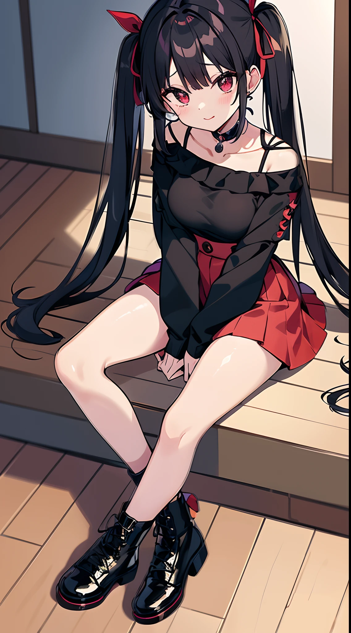 Anime style girl, 1 girl, solo, red eyes, black hair, twintails, hair ribbon, earrings, very cute clothes, red off-shoulder top, black miniskirt, leather shoes, looking at viewer, Sitting on the floor holding your knees